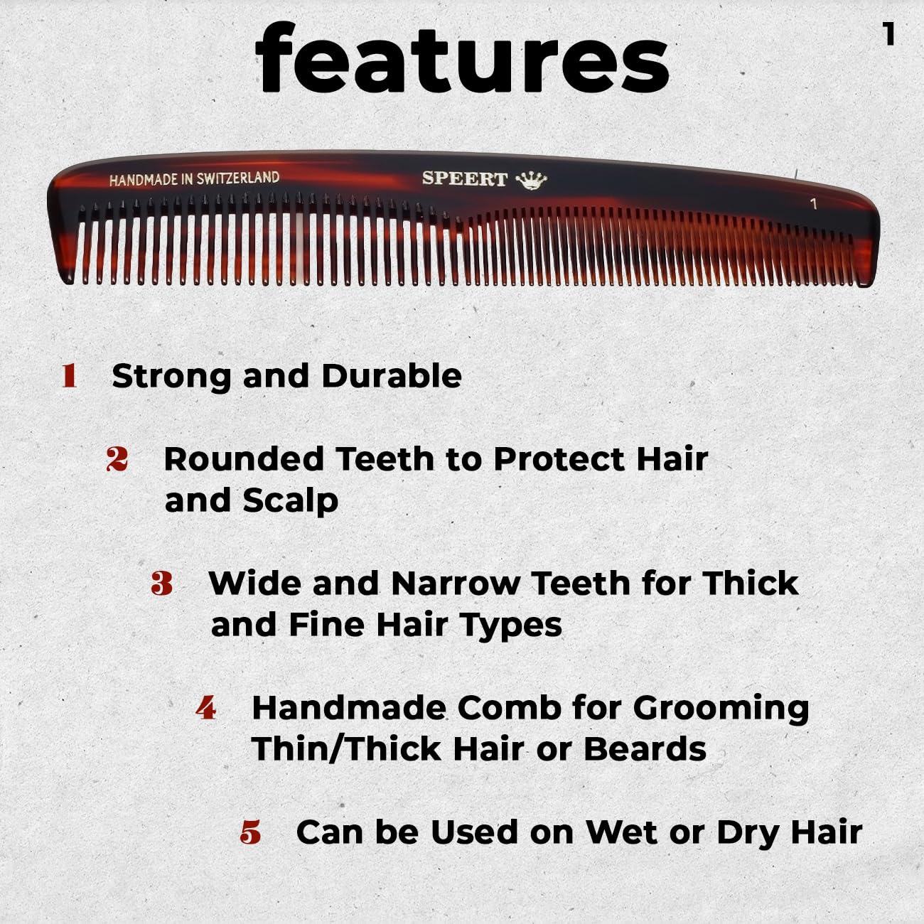 Speert #1619 Handmade Wide Tooth Mustache Comb - Small Tortoise Havana Acetate, Coarse Hair Pocket Sized Grooming Tool, Tangle Free Straightener for Beard Growth and Styling, Wet or Dry Use