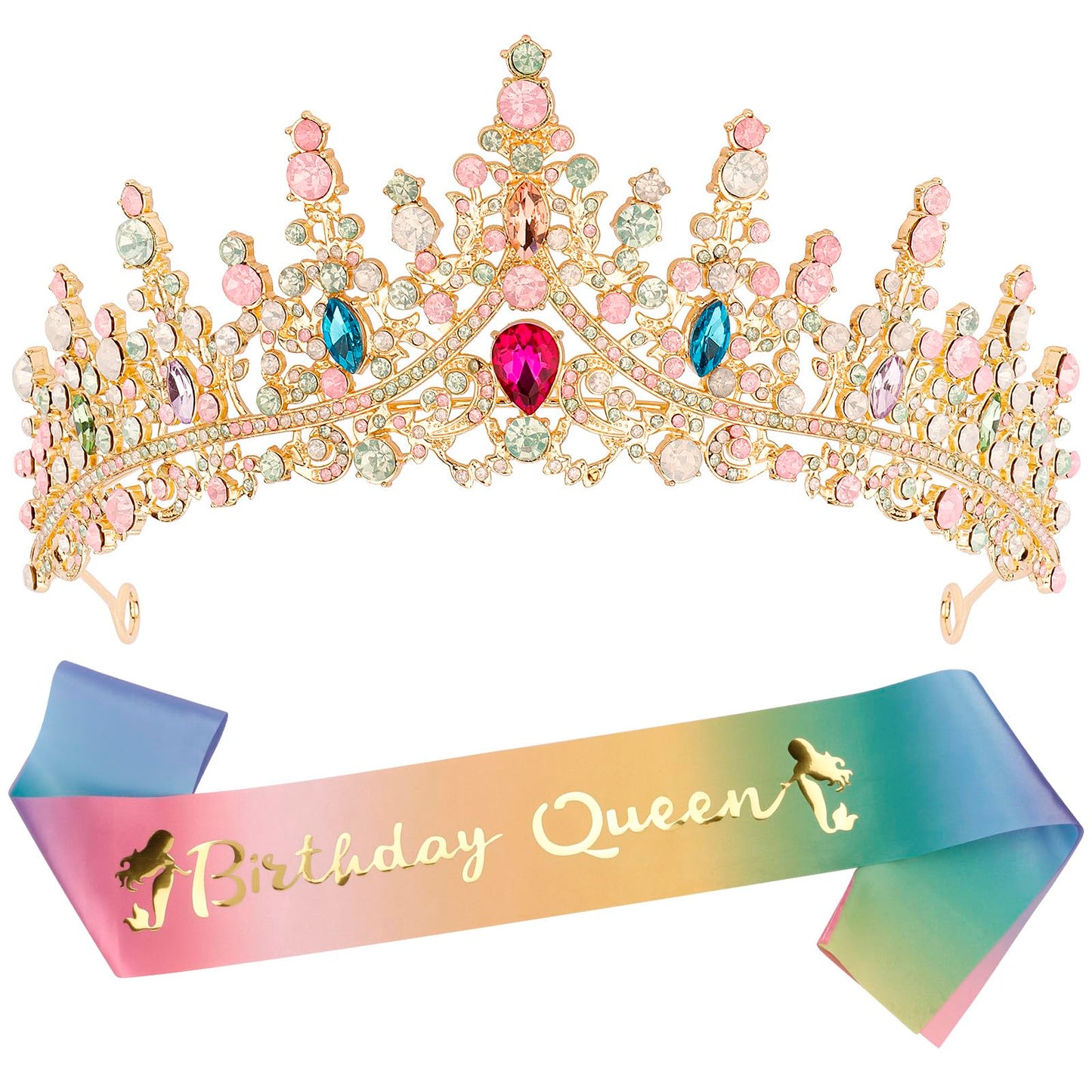 BIRTHDAY QUEEN Birthday Crowns for Women Birthday Sash for Women Sashes for Girls Birthday Decorations Set Crystal Rhinestone Headband Hair Accessories Glitter for Party Supplies