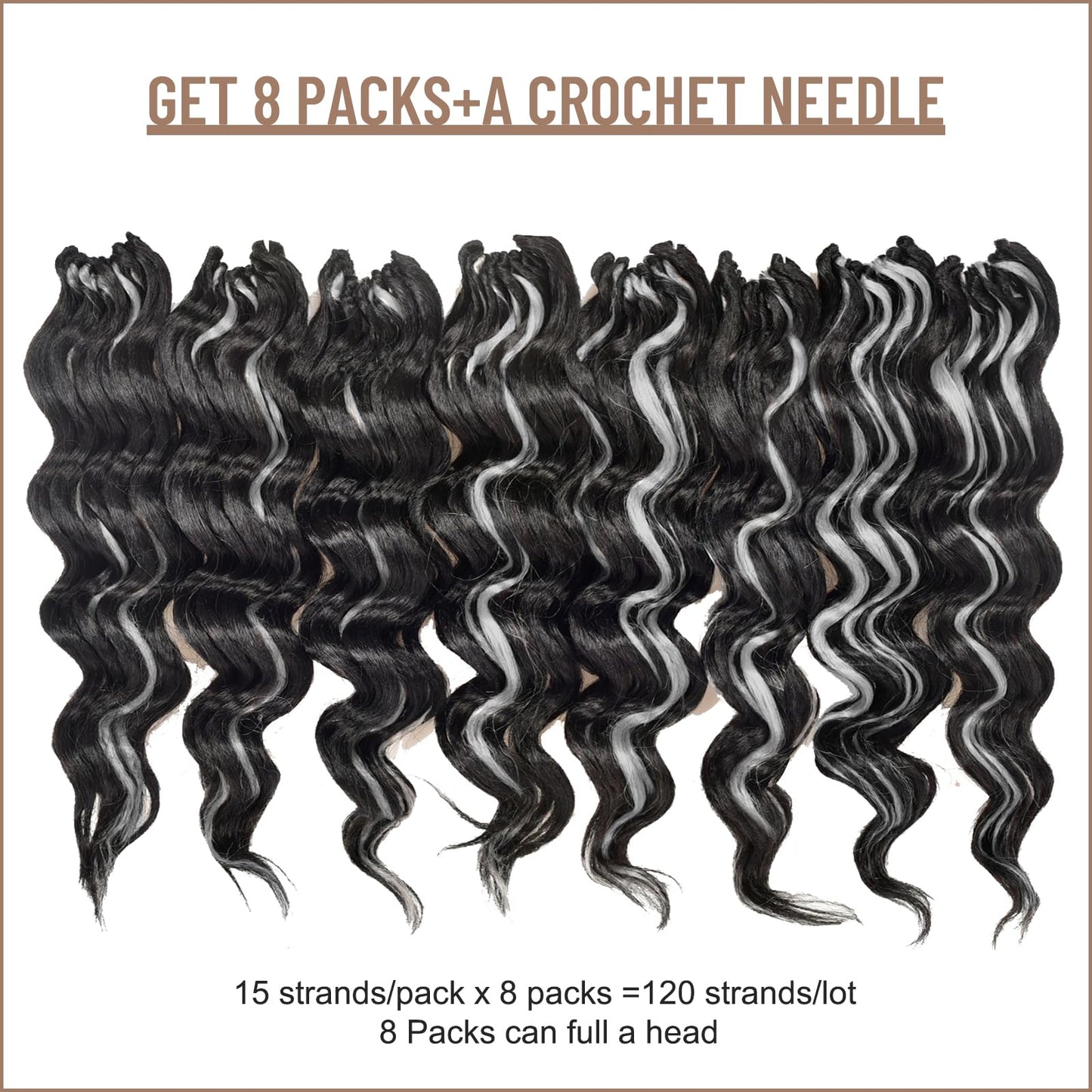 Toyotress Ocean Wave Crochet Hair - 9 Inch 8 Packs Gray Highlight Ocean Wave Braiding Hair, Deep Twist Water Wave Short Curly Synthetic Hair Extensions (9 Inch, P1B/Gray-8P)