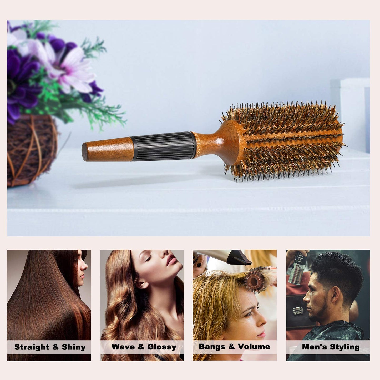 BESTOOL Round Brush for Blow Drying, Round Hair Brush for Women or Men, Boar Bristle Large Round Hairbrush for Quick Blowout, Add Shine/Volume, Minimize Damage (2.8 Inch)