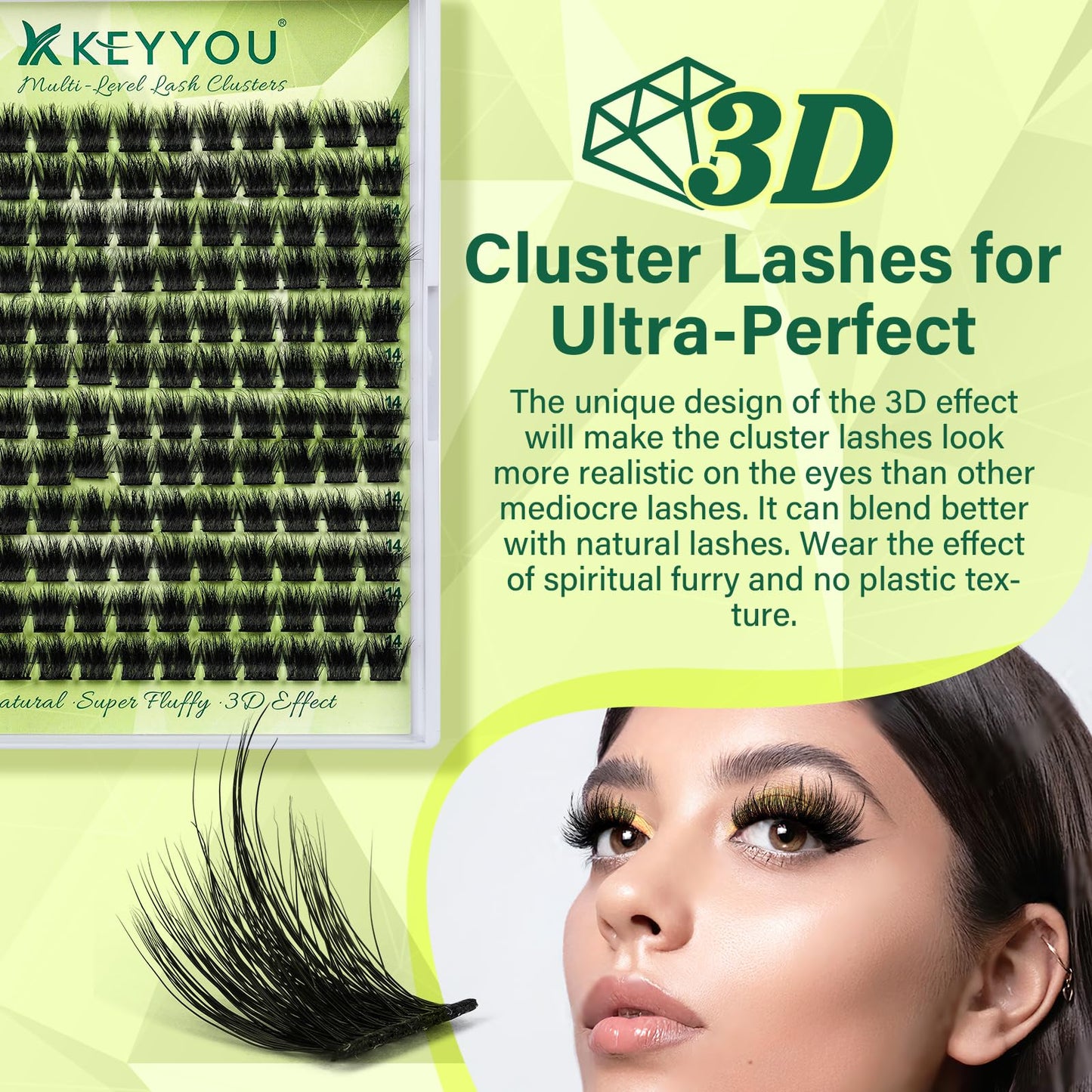 Lash Clusters 3D Effect Eyelash Clusters KEYYOU 144pcs D Curl 14mm Wispy Lashes Fluffy Cluster Lashes Natural Soft DIY Lash Extension(Empower-D-14)