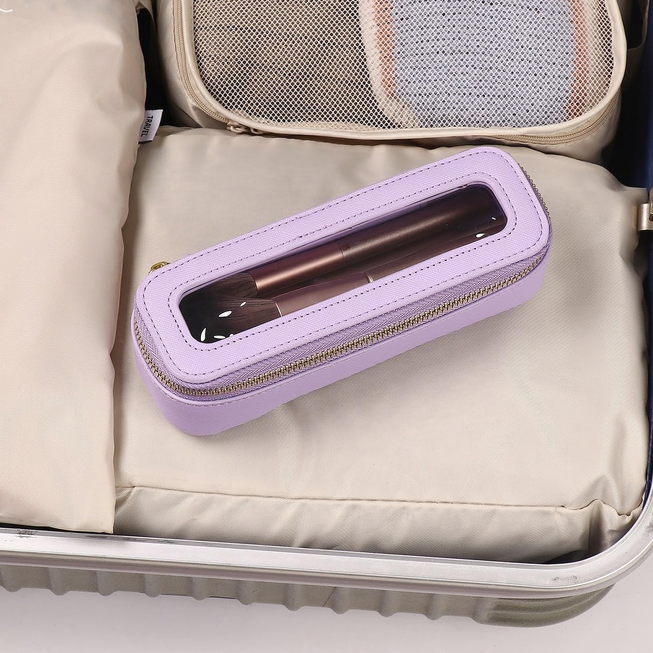 Pinkmik Clear Makeup Bag Portable Brush Bag transparent Travel Cosmetic Case Clear Toiletry Makeup Bag with Zipper for Women (B/L.Purple, slim)