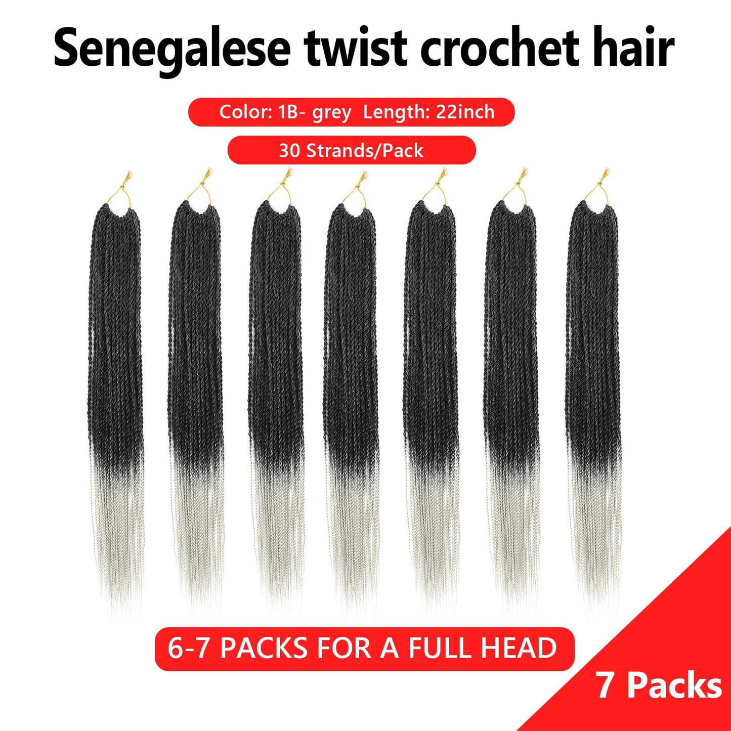 Senegalese Twist Crochet Hair For Black Women 14 Inch 7 Packs Crochet Senegalese Twists Crochet Twists Pre Looped Small Crochet Braids Hair 30Stands/Pack Hot Water Setting(14 Inch, T1B/GRAY)