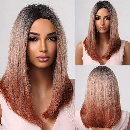 INSGOGO Ombre Orange Red Short Bob Wigs for Black Women Heat Resistant Synthetic Colored Wig 150 Density Natural Middle Part Straight Wig for Cosplay Party(14 Inch)