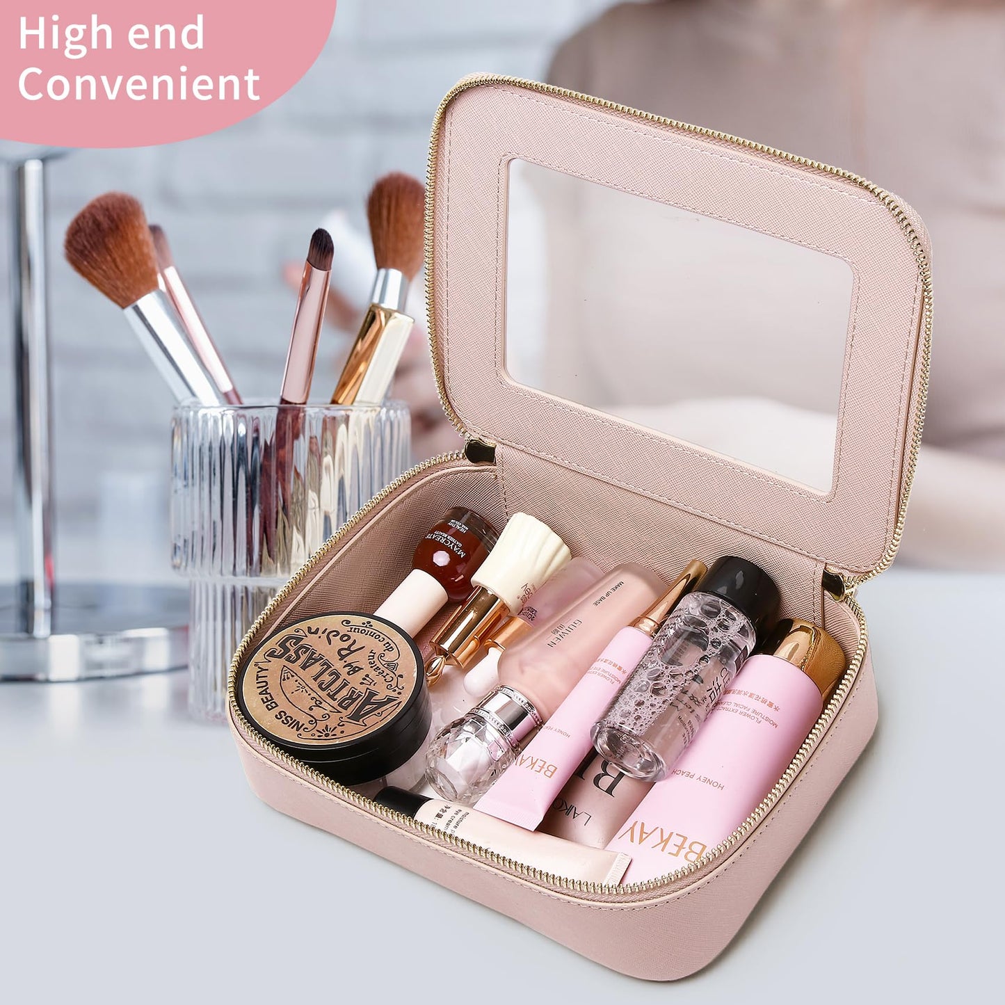 Pinkmik Clear Makeup Bag Transparent Travel Case for Cosmetics and Toiletries Women's Brush Bag and Clear Car Bag with Zipper (F/Pink, M+MINI)