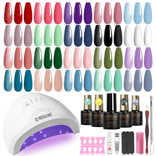 ROSALIND 60PCS Gel Nail Kit with U V Light Starter Kit, 43 Colors Gel Polish Kit Soak Off Gel Base and Matte/Glossy Top Coat Manicure Tools Nail Gel Kit Gifts for Women