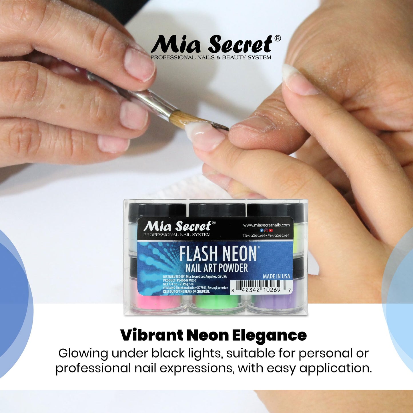 6 Mia Secret Flash Neon Acrylic Nail Art Powder Glows Under the Black Light 6 Neon Colors