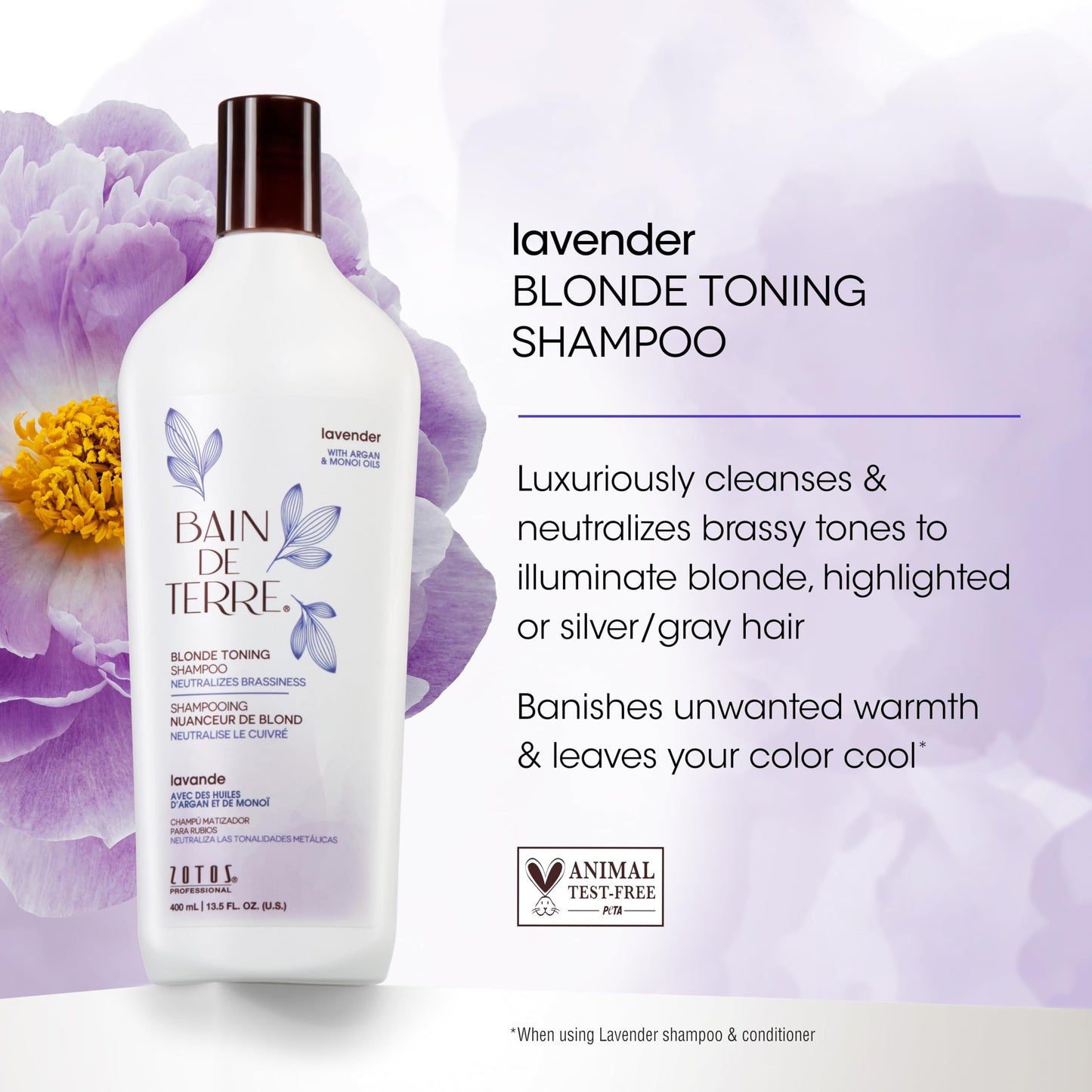 Bain de Terre Color Enhancing Shampoo and Conditioner Set & Shine Serum | Lavender | Neutralizes Brassy Tones for Color-Treated Hair | Paraben Free | Color-Safe | 10.1 Fl Oz