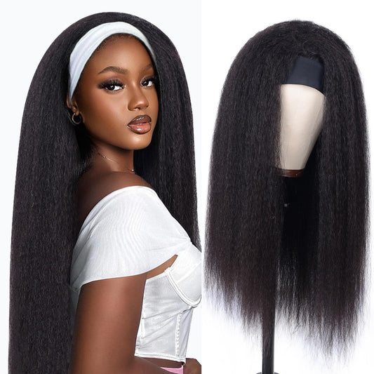 ME-U Headband Wig Human Hair Kinky Straight Guleless Wigs for Black Women Wear and Go 180% Density Yaki Straight Wig No Lace Natural Black Color 24 Inch