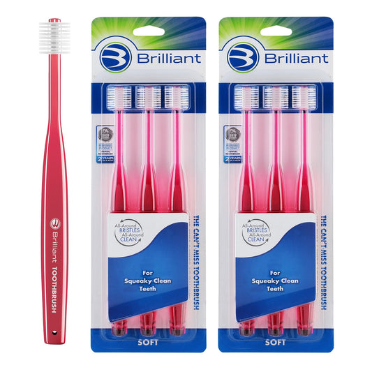 Brilliant Oral Care Adult Toothbrush with Soft Bristles, Round Head, and All-Around Clean for Teeth and Gums, Red, 6 Pack