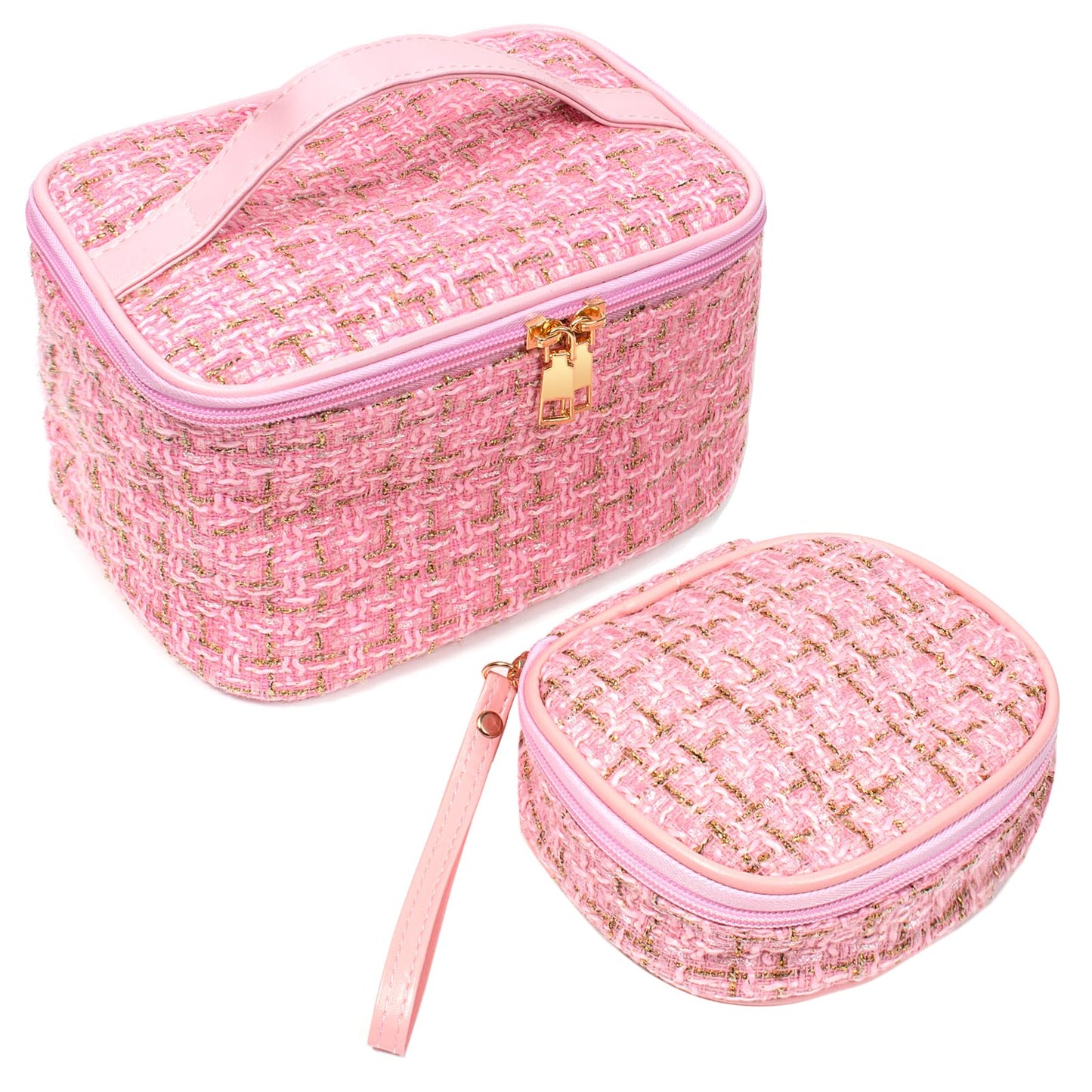 2 Pack Makeup Bag Cosmetic Bag, 1Pcs Large Capacity Makeup Bags and 1Pcs Lipsticks Storage Bag Small Makeup Pouch Travel Toiletry Bag Organizer with Handle Strap for Women (Pink Set)