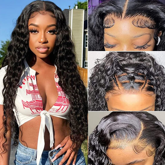 JISHUN 13x6 HD Transparent Deep Wave Lace Front Wigs Curly Human Hair Wigs for Women Glueless Brazilian Curly Lace Frontal Wigs Human Hair Pre Plucked With Baby Hair (Blackdeep, 18inch)