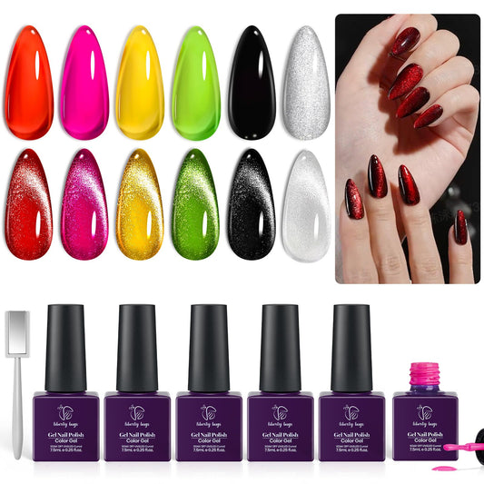 Jelly Gel Nail Polish Neon,Cat Eye Nail Polish Gel with magnet,1 Silver Cat Eye Gel Nail Polish Glitter+4 Vivid Jelly Gel Polish Colors+1 Solid Black Nail Gel Polish,UV Light Cure,Summer Nail Art Kit