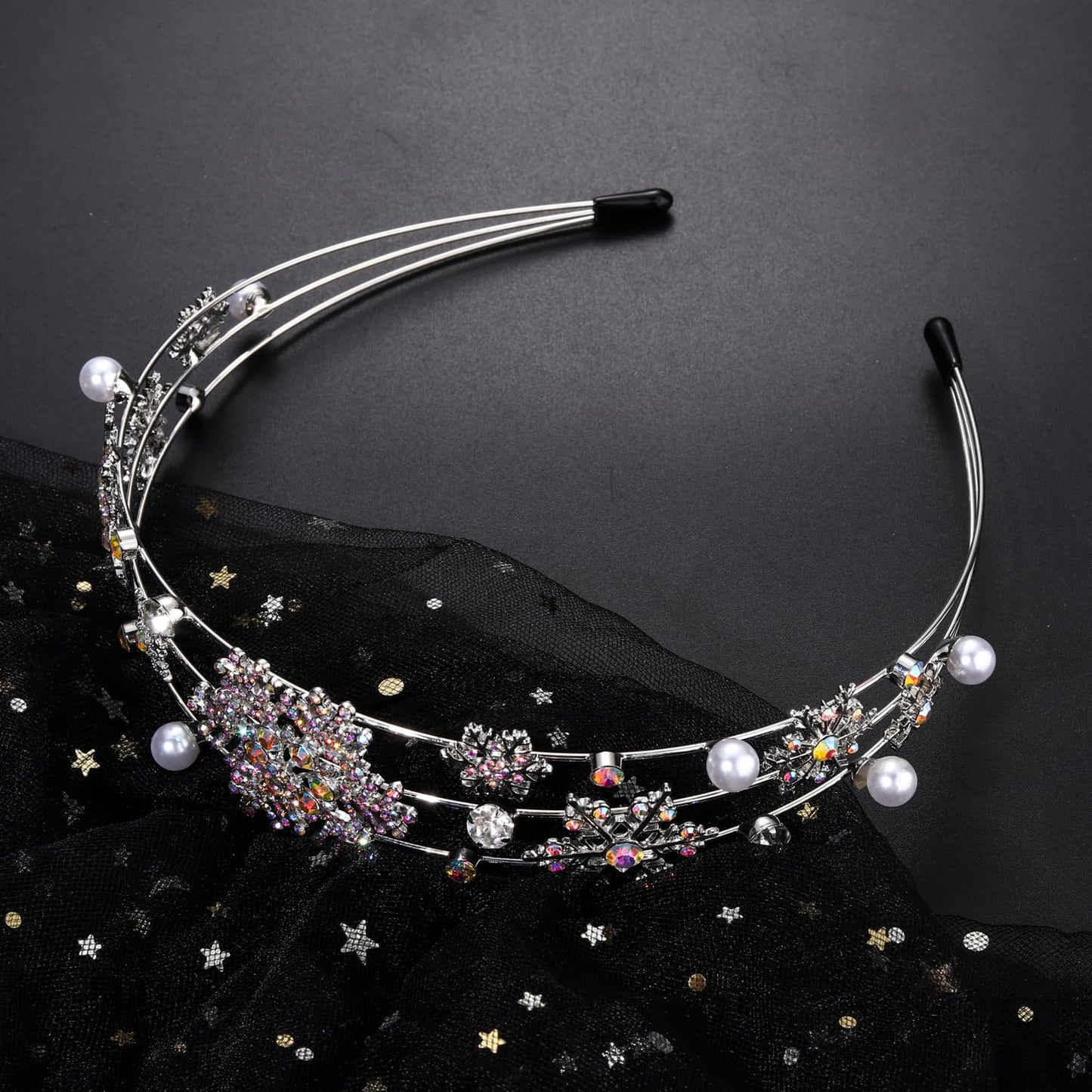 HEIDKRUEGER Christmas New Year Headband Mardi Gras Hairbands for Women Festive Holiday Parade Hair Hoop (Snowflake/Silver AB Crystal)