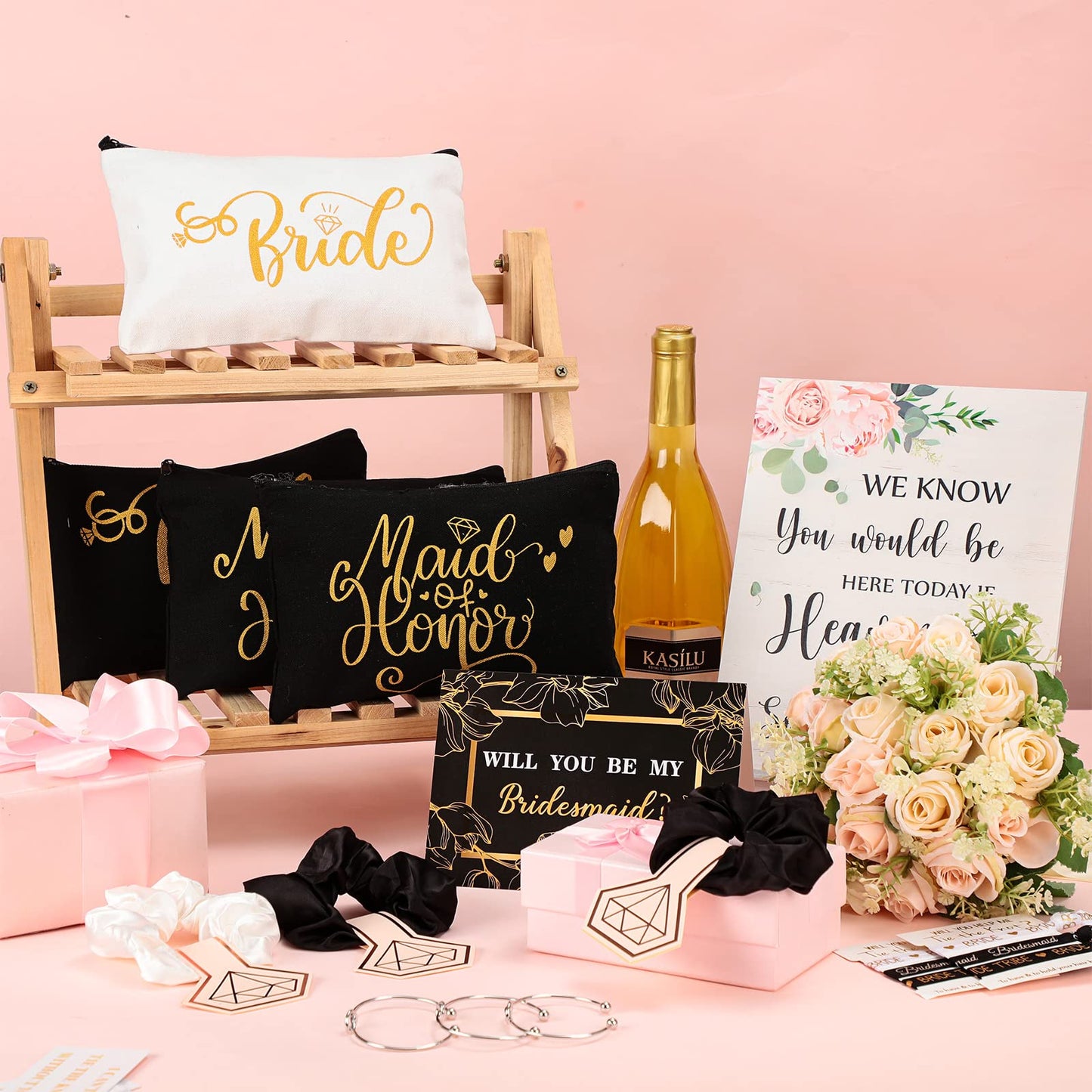 63 Pcs Bridesmaid Proposal Gifts Bulk Maid of Honor Gifts Matron of Honor Gifts Brides Bridesmaid Cosmetic Makeup Bag Hair Knotted Bracelets Invitation Cards for Wedding Bachelorette (Elegant Style)