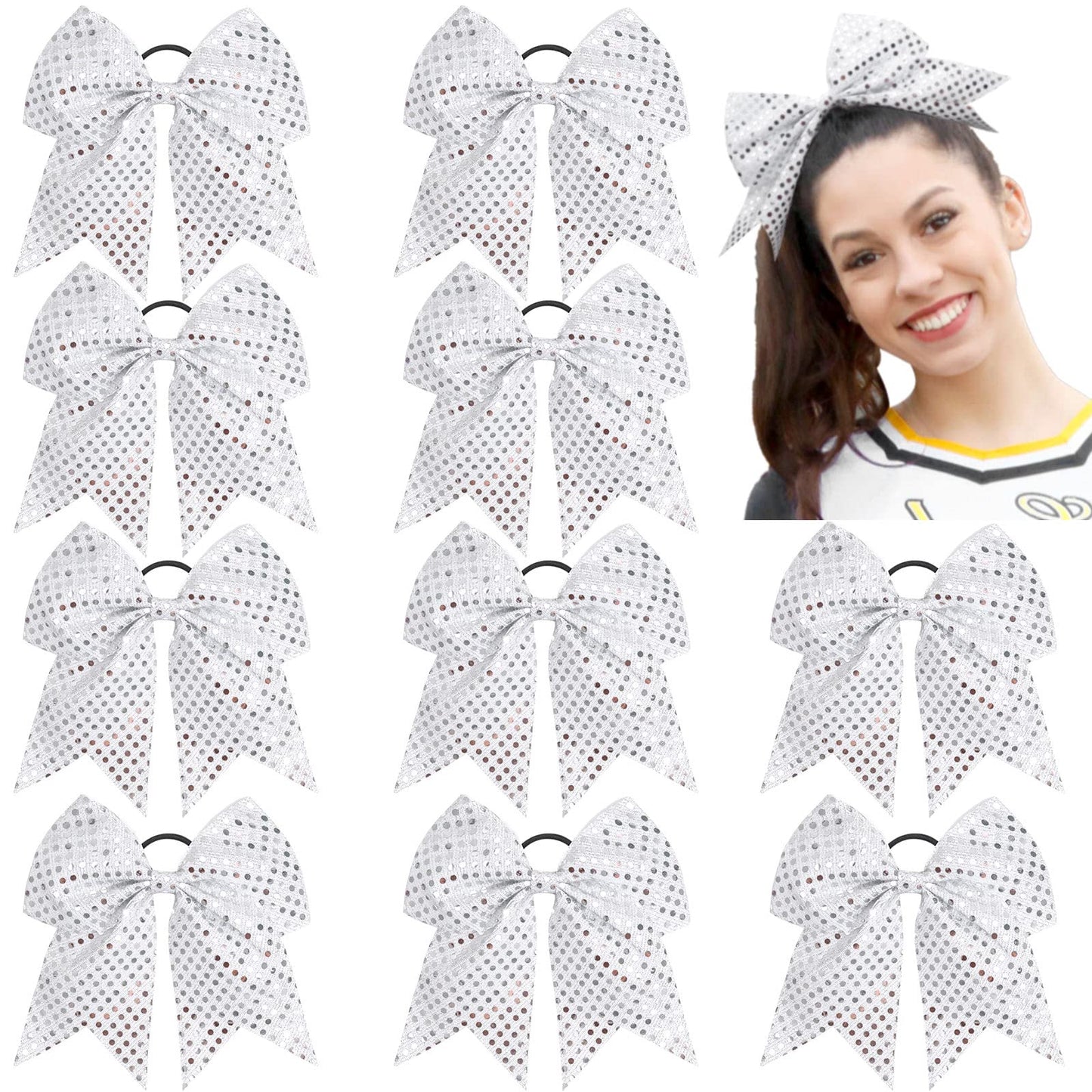 10 PCS 7" Large Glitter Cheer Bows for Cheerleaders, CN Sequin Sparkly Hair Bows with Elastic Hair Ties Accessories for Teens Girls Women Cheerleading Softball Competition Sports