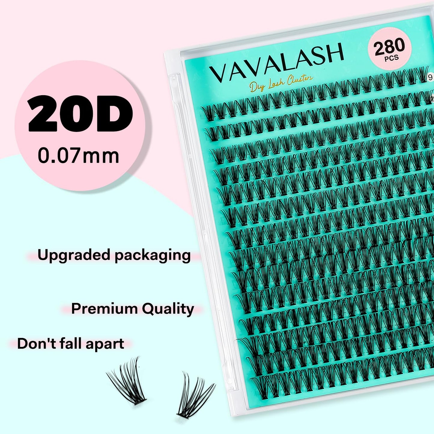 VAVALASH Lash Clusters 20D-C-0.07-9-16MM DIY Individual Lashes 280 PCS Cluster Lashes 10D 20D 30D 40D 50D C D Curl Volume False Eyelash Extensions DIY Lash Extensions at Home (20D-0.07-C,9-16mm)