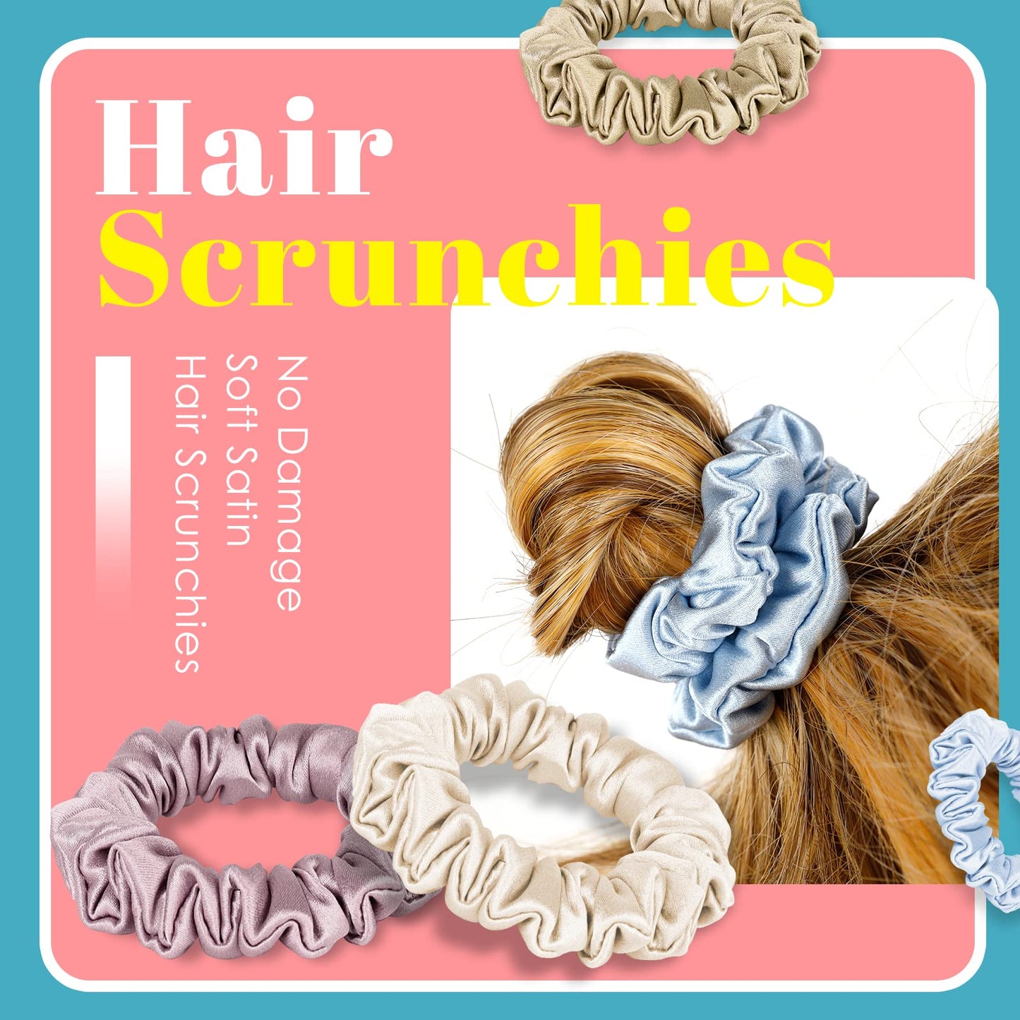 VOHALA 30 Momme Mulberry Small Silk Scrunchies, 5PCS Skinny Silk Scrunchies for Hair & 2PCS Strong Hair Ties Ponytail Holder, Total 7PCS No Damage Luxury Hair Ties for Women (Black+Blue+Pink+Champagne+Beige)