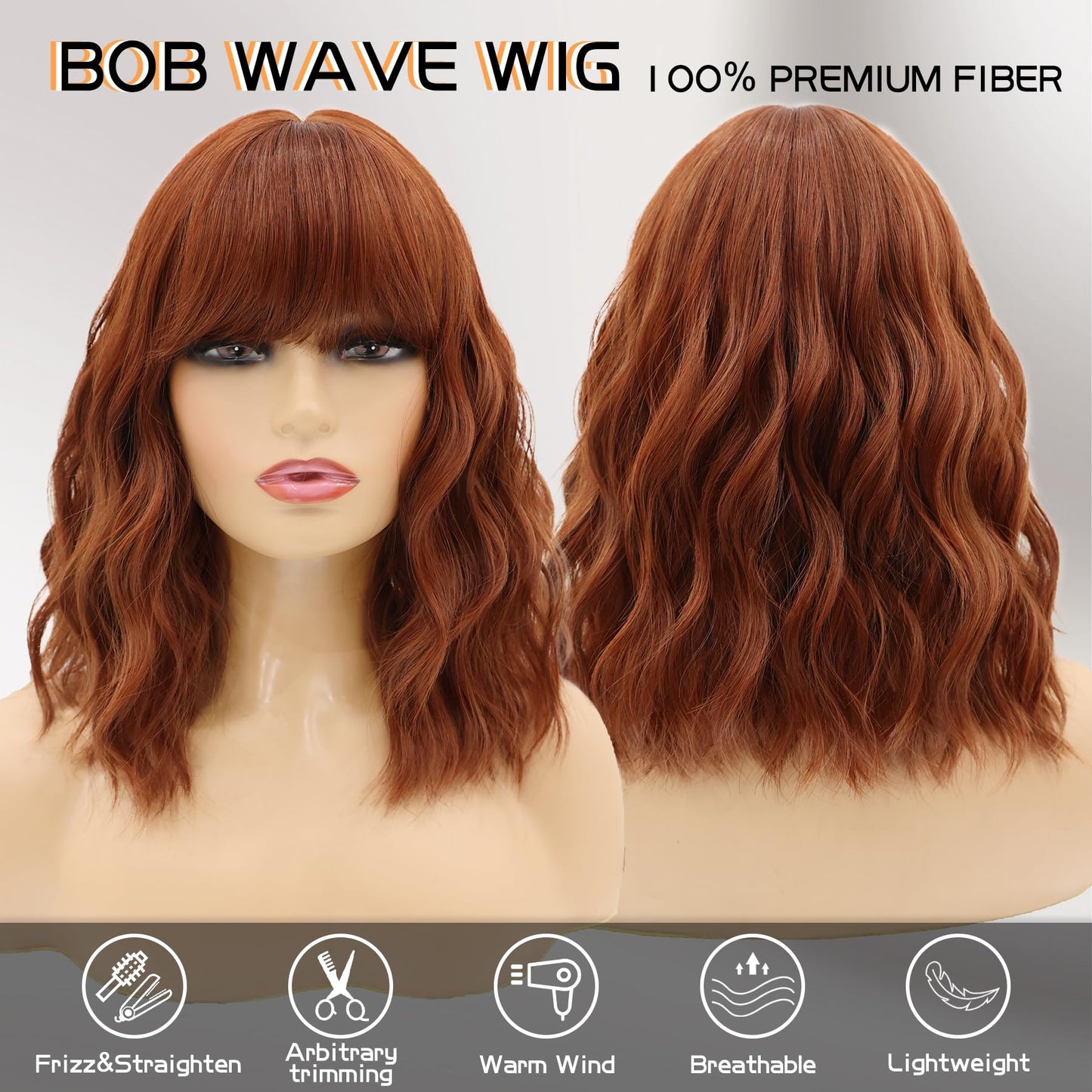 MOSINA Bob wig with Bangs for Women,Orange red Wig,14" synthetic bob wigs,Heat Resistant Fiber Wig for Suitable for work, parties and other occasions Use……