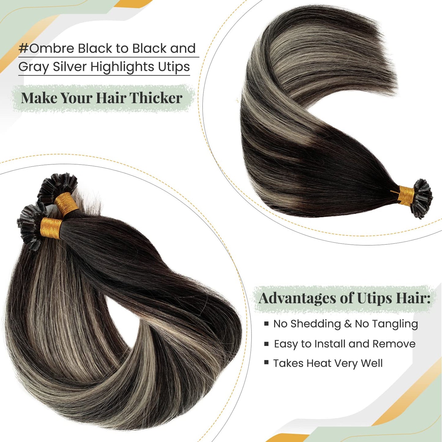 Balayage Utip Hair Extensions Human Hair, Black and Silver Utips Extensions Fusion Remy Human Hair, Natural Black to Silver Highlight Keratin Tip Extensions 50g 50s 20 Inch