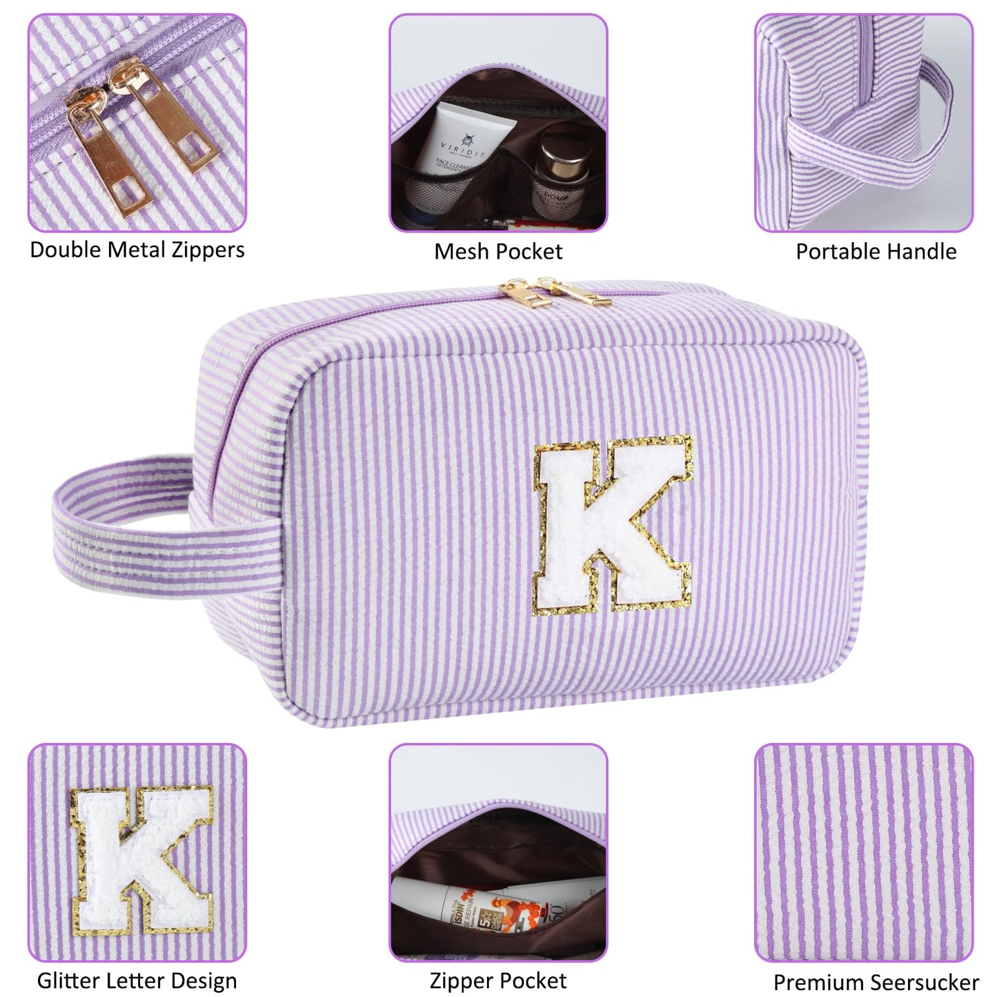 Huifen Personalized Initial Makeup Bag A-Z, Travel Toiletry Bag Cute Makeup Pouch Cosmetic Bag Preppy Make Up Bag Large Makeup Organizer Bags Birthday Gifts for Women Girls Friends (Purple, H)