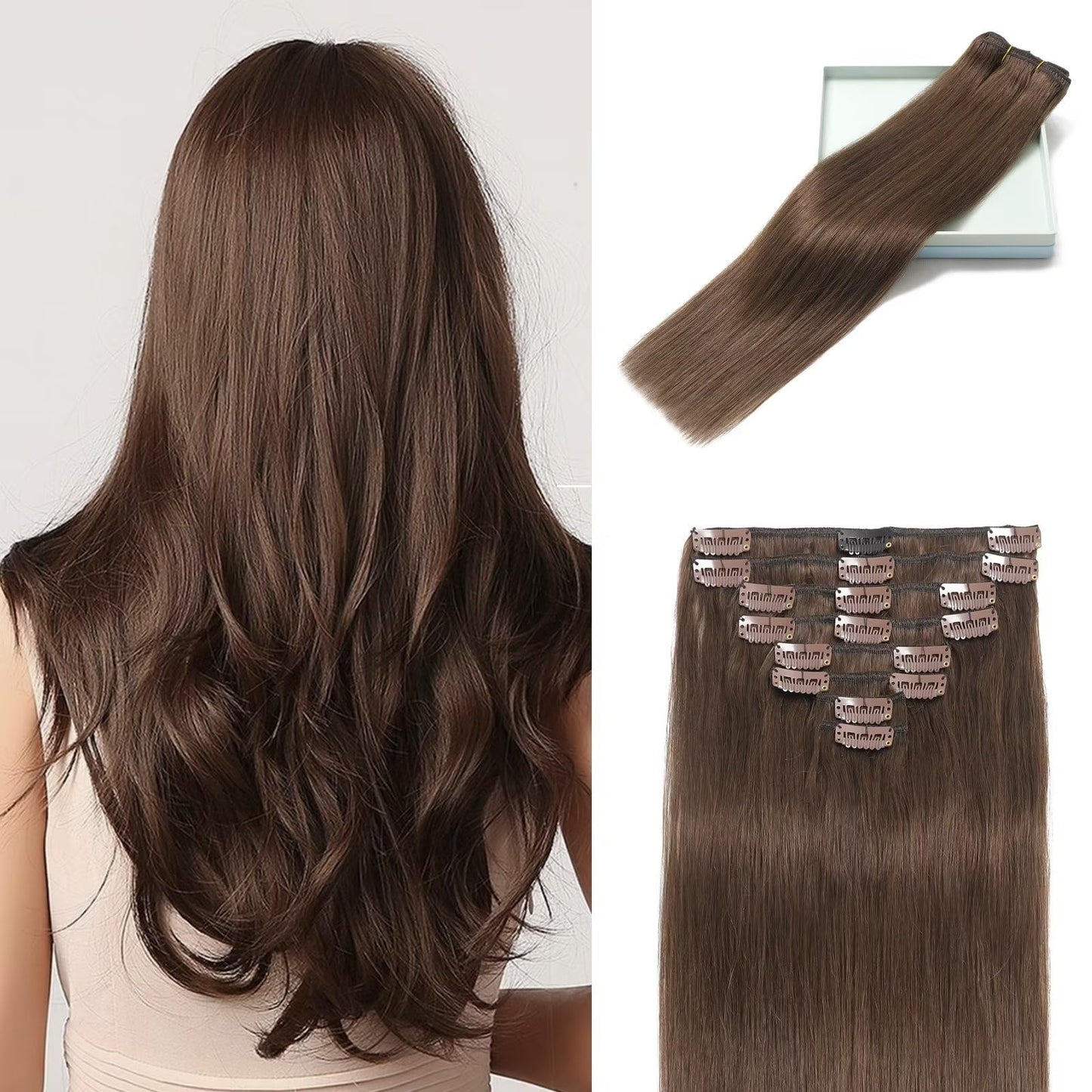 LORIEN Clip in Hair Extensions Real Human Hair, Premium Natural Brown Human Hair Clip in Extensions Double Weft, Soft Hair Extensions Real Human Hair Clip ins Straight (22 Inch 90g #4 Dark Brown)