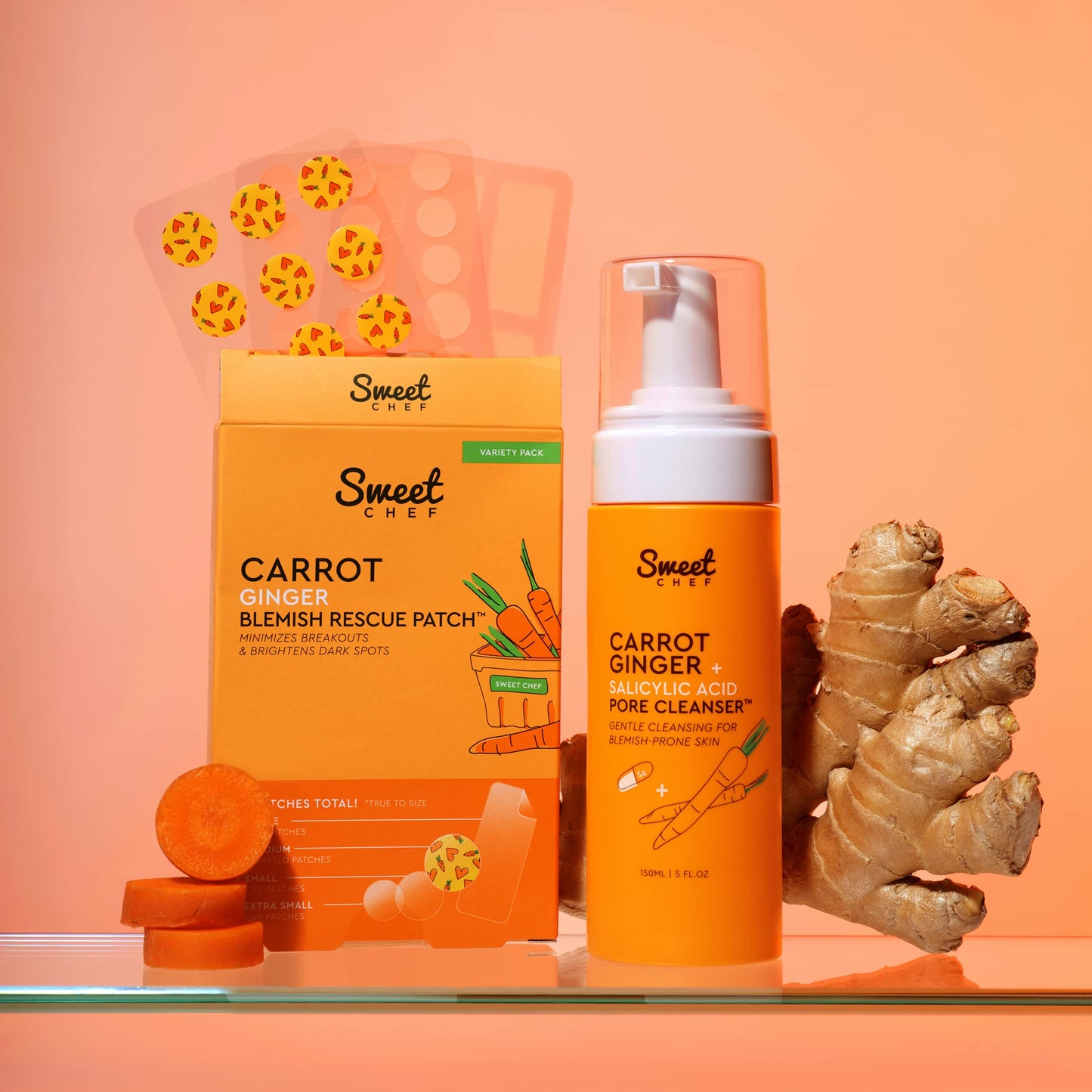 Sweet Chef Carrot Ginger Rescue Blemish Patches - Hydrocolloid Bandages Spot Treatment - 4 Different Shape and Size Pimple Patches with Resurfacing Carrot & Brightening Ginger (36 Patches)