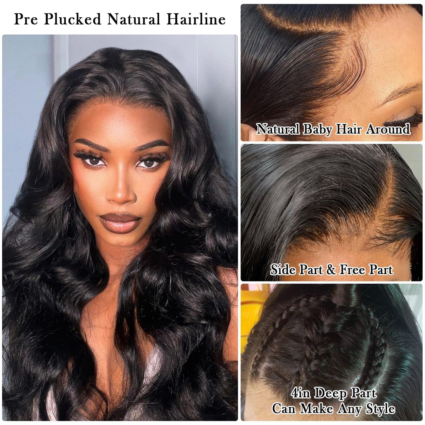 urno ble 13x4 Body Wave Lace Front Wigs Human Hair Pre Plucked with Baby Hair 180% Density 13x4 HD Transparent Lace Front Wigs for Black Women Natural Black Wigs(24inch)