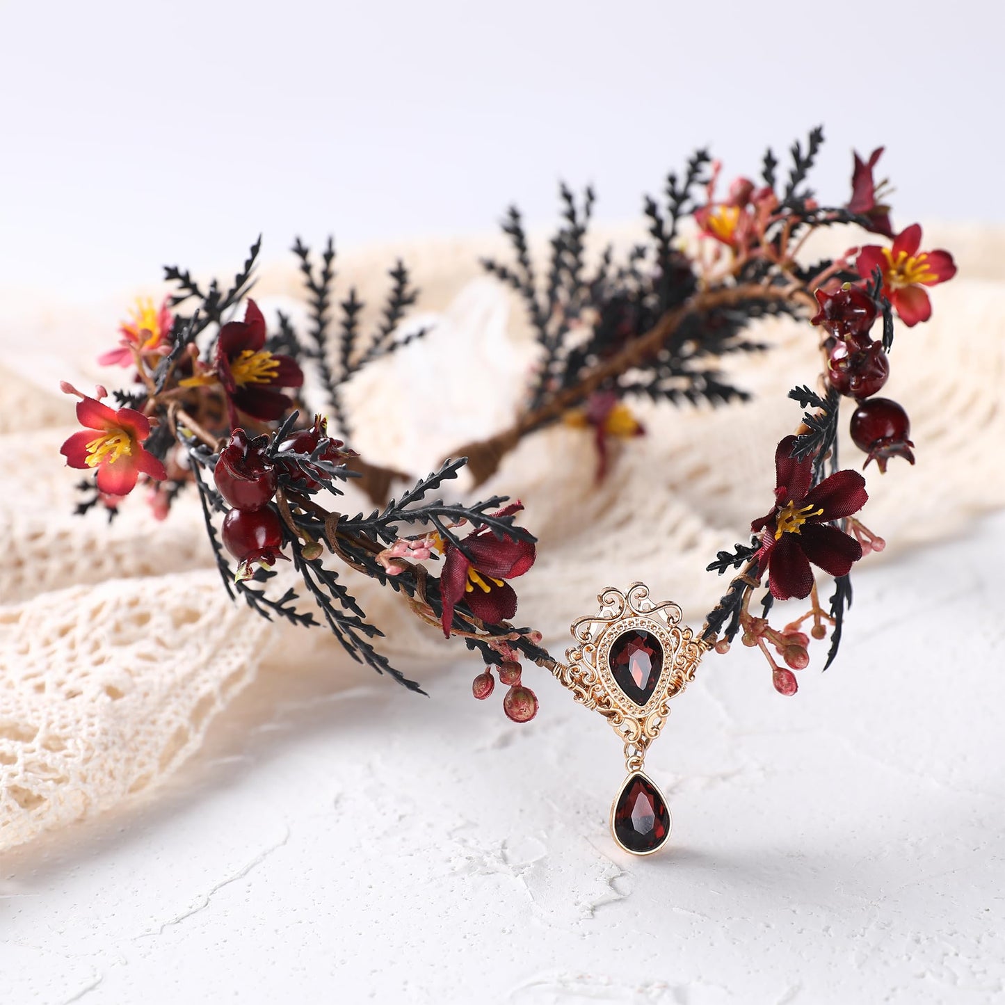 MOSTORY Dark Flower Fairy Crown - Handmade Elf Floral Headpiece Forest Crown Elven Circlet for Women Girls Cosplay Renaissance Carnival Masquerade Photo Shoot