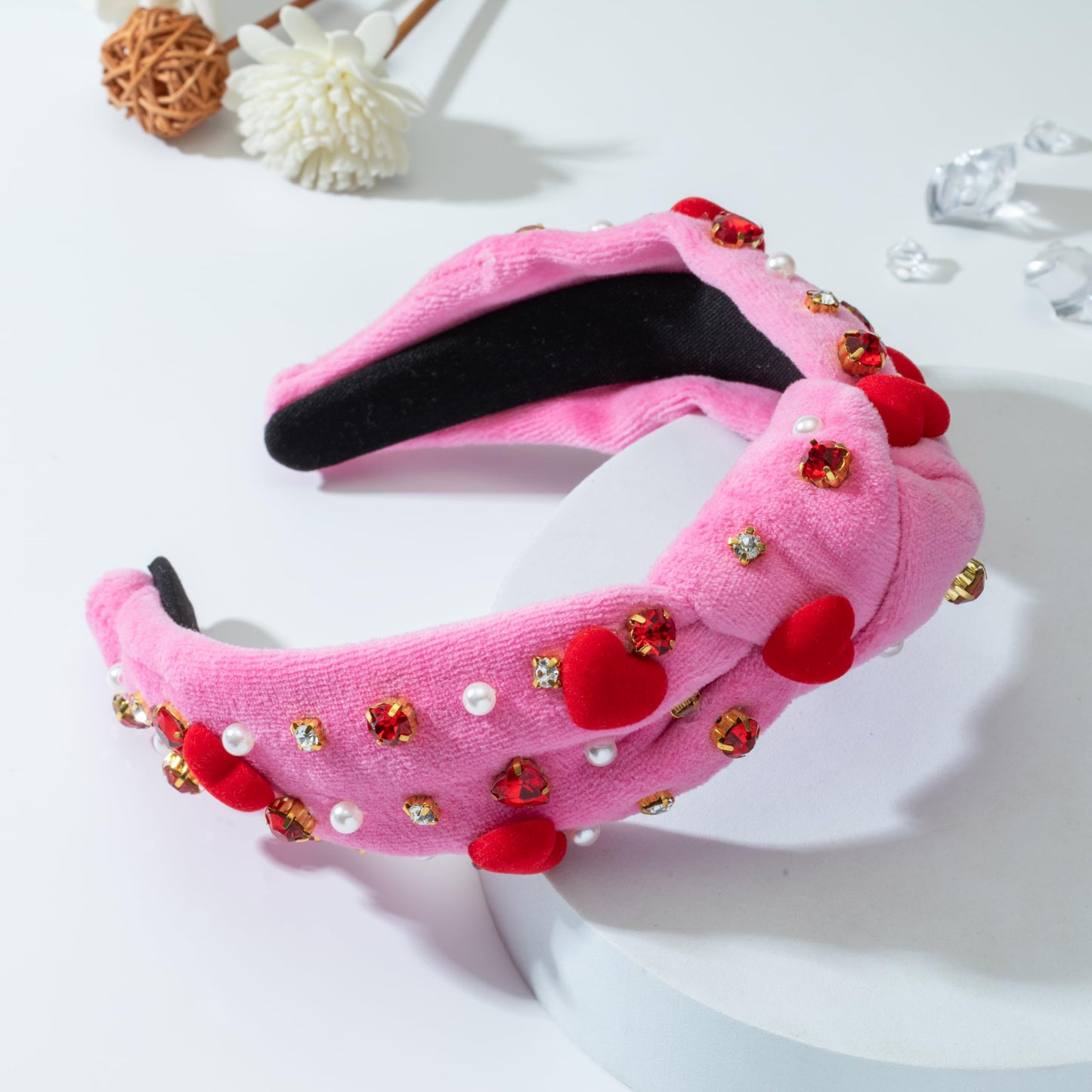 Valentine's Day Rhinestone headband for women Red Heart Love Charm Embellished Top Pink Hairband Twist Wide Hair Band (Valentine pink-red heart)