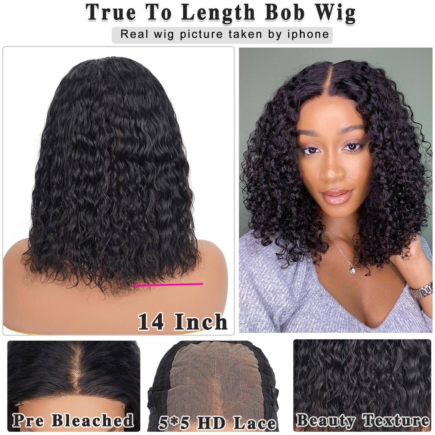 Wear and Go Glueless Wigs Human Hair Pre Plucked Pre Cut 5x5 HD Lace Closure Wigs Water Wave Lace Front Wigs Short Curly Human Hair Wigs for Black Women Natural Color Bob Wig Human Hair 14 Inch