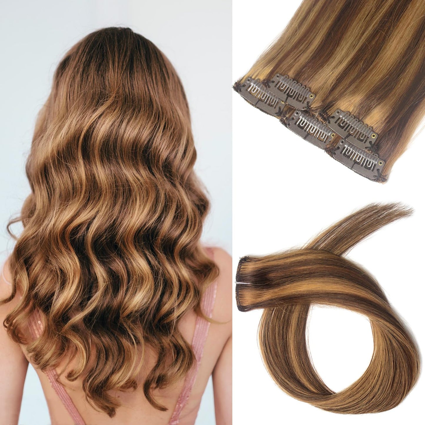 5PCS Clip In Hair Extensions Human Hair Chocolate Brown Mixed Caramel Blonde Balayage Remy Hair 18Inch #4p27