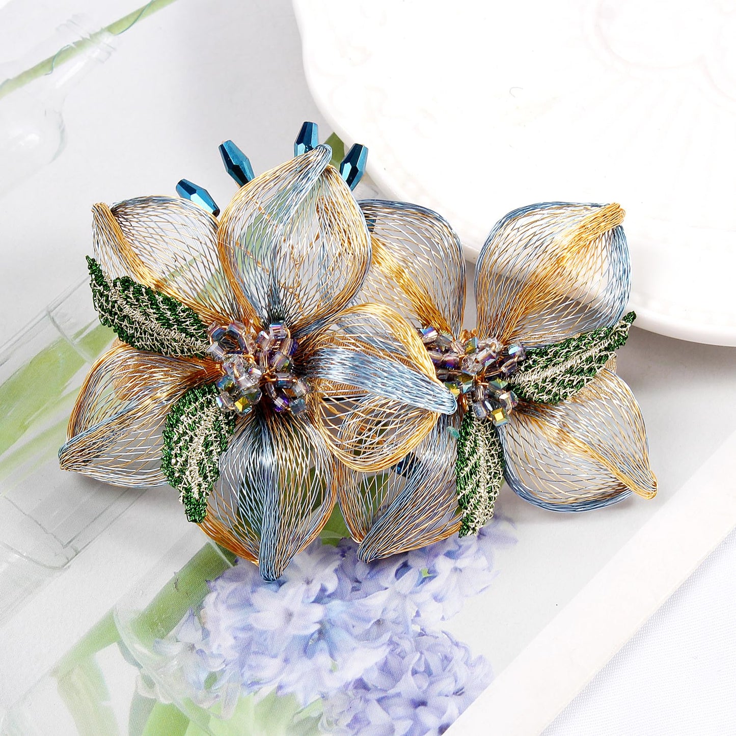 Mistofu Hair Barrettes - Copper Wire Flower Crystal Hair Clips - 3.93inch Hand-woven High-level design Barrettes - Lightweight Nonslip for Daily Party