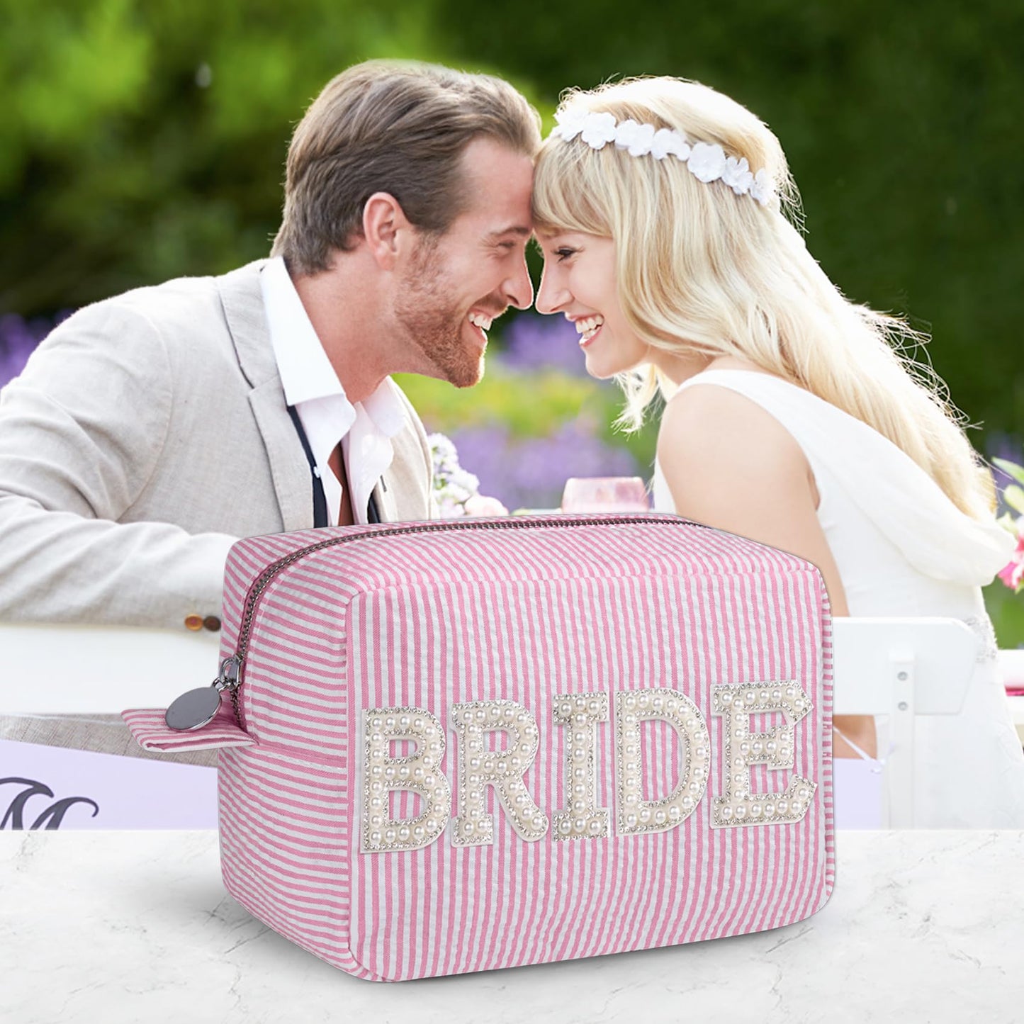 QFDS Bride Gift,Gifts for Brides,Bling Pearl Rhinestone Zipper Pouch Makeup Bag,Large Stripe Cosmetics Bag(pink-BRIDE)