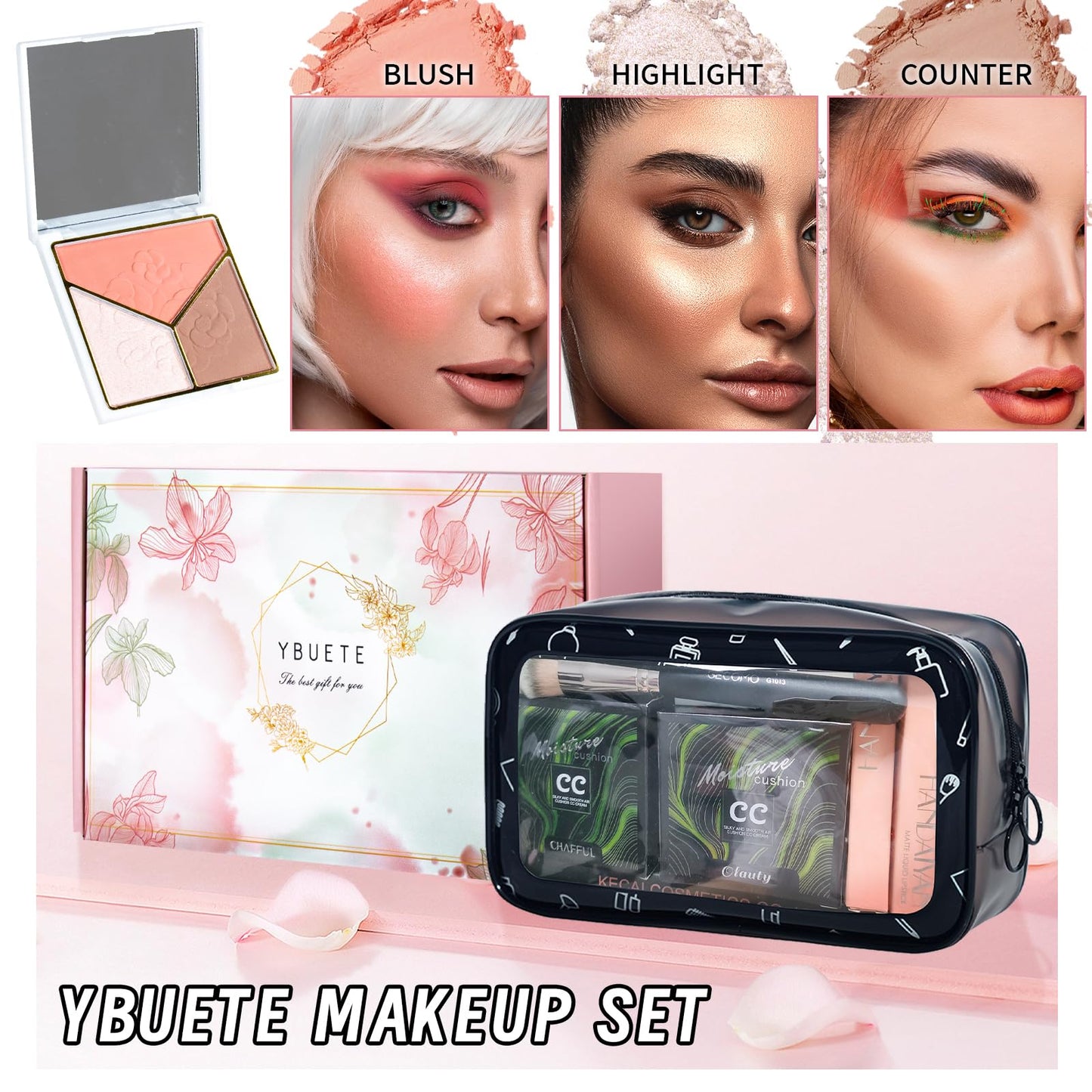 YBUETE Makeup Set Kit for Women Full Kit, Makeup Present for Women Teen Girl, Eyeshadow CC Cream Face Primer Brush 3 in 1 Palette Lip Gloss, Eyebrow Soap Mascara Eyeliner Makeup bag