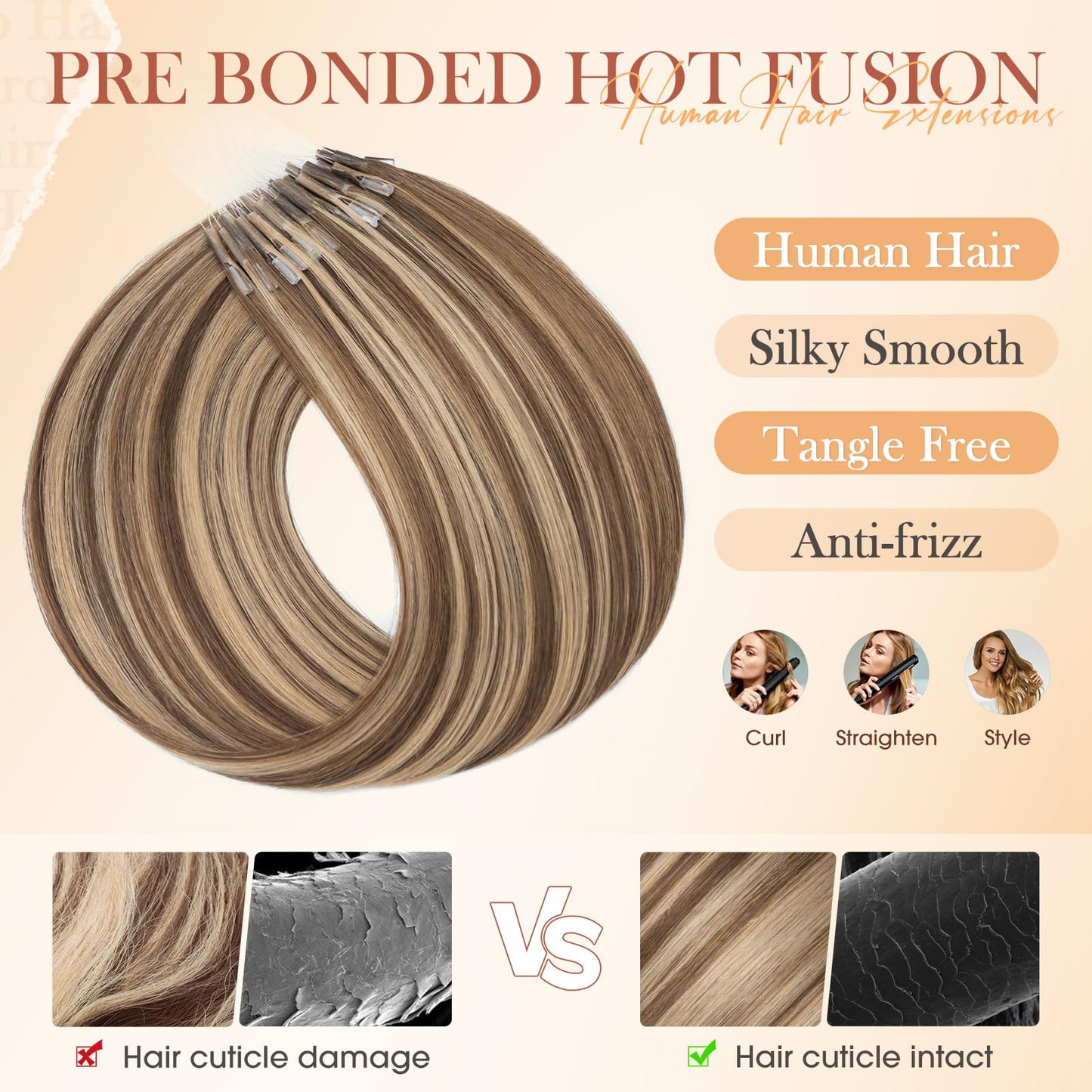 Hairro U Tip Human Hair Extensions Micro Ring Keratin Glue U-tip Hot Fusion Remy Hair Balayage Highlight Color 18 inch 50g 50 Strands #4YP27 Medium Brown Mixed with Dark Blonde