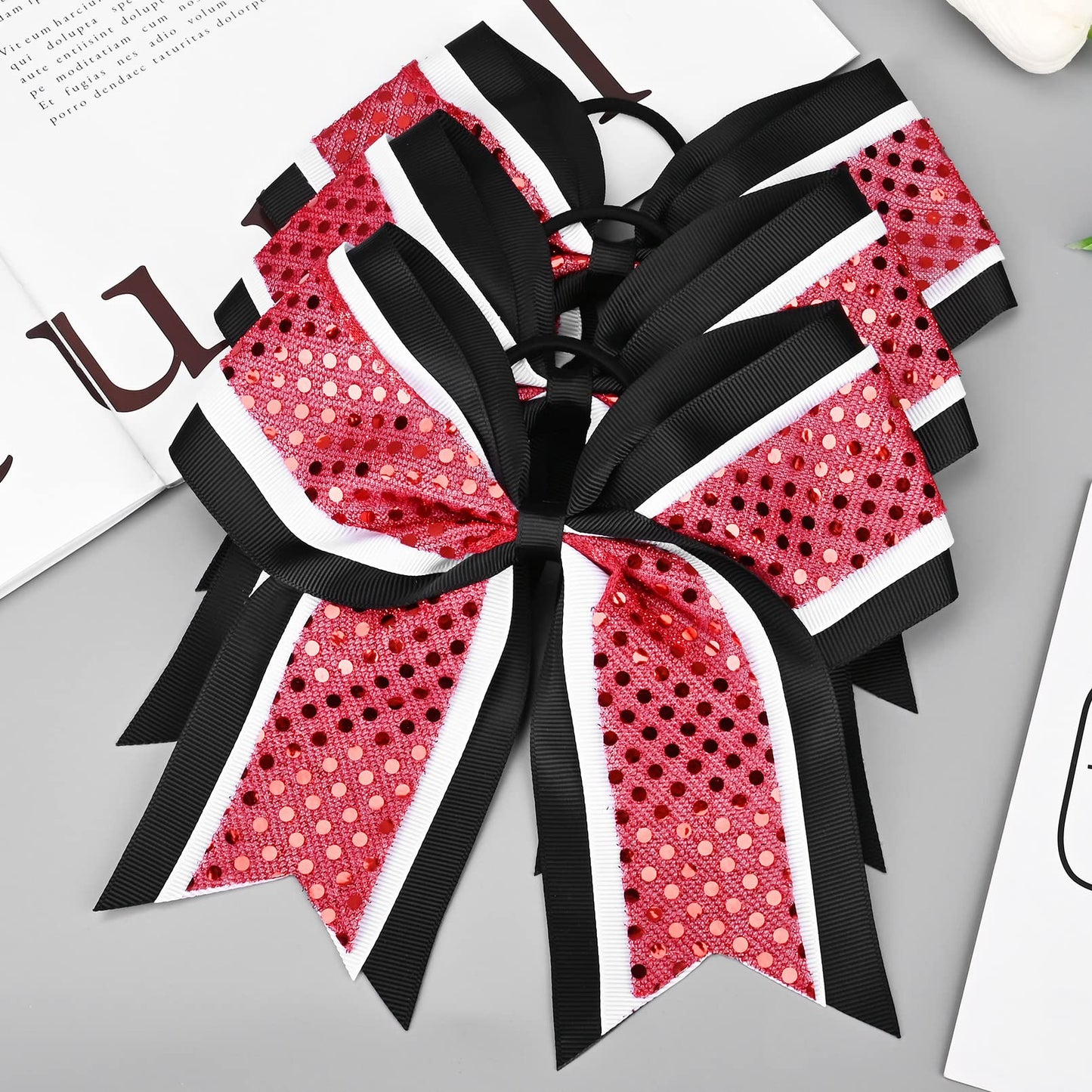 12 PCS 8" Large Glitter Cheer Bows Red Black Girl Hair Bows Sparkly Cheerleading Softball Team Bow Hair Accessories for cheerleaders football Competition Sports