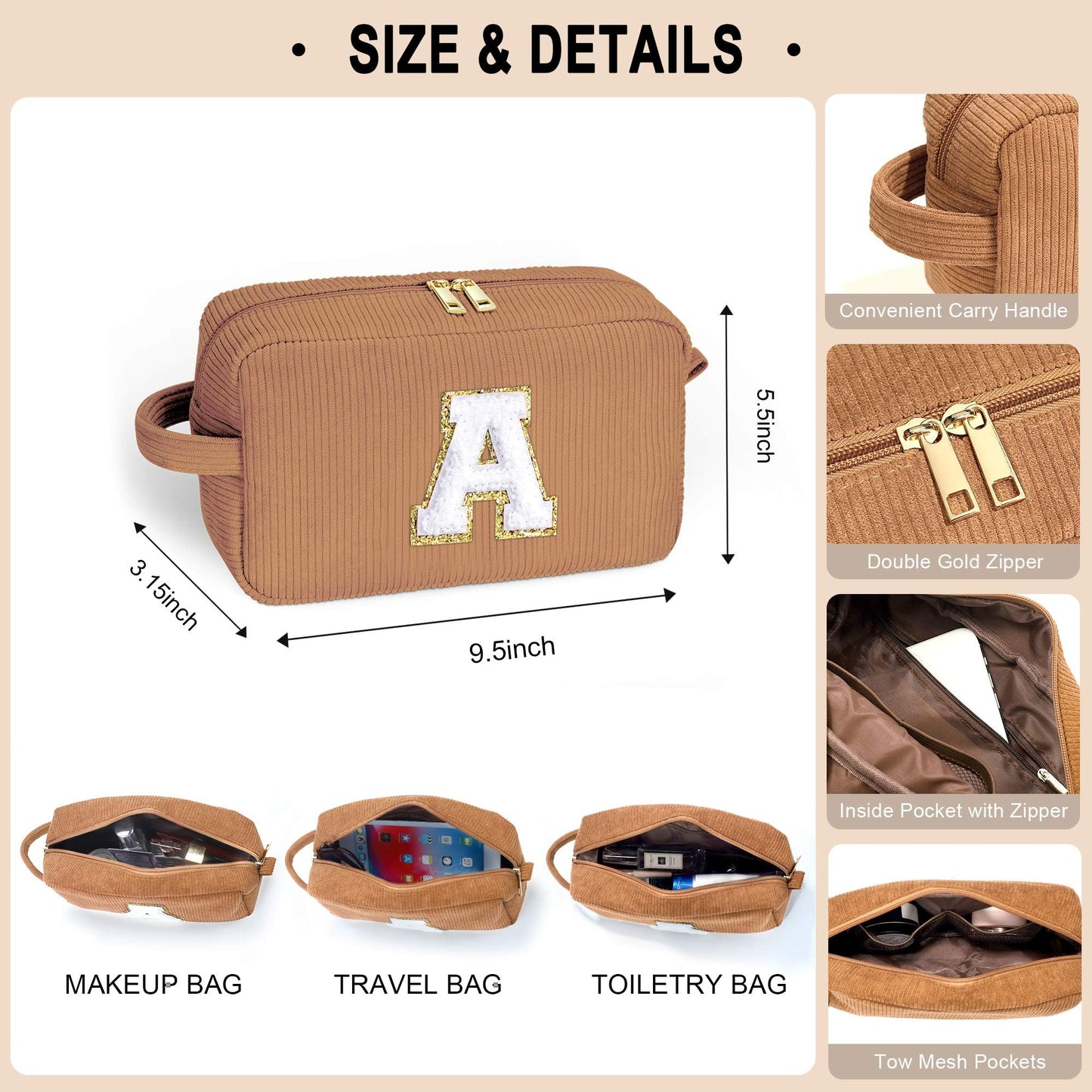 YOOLIFE Girlfriend Gifts Makeup Bag - Initial Cosmetic Bag Makeup Pouch Travel Makeup Bags for Women Make Up Bag Makeup Brush Bag Organizer Makeups Bag Unique Friend Gifts Wife Gifts Brown Letter W