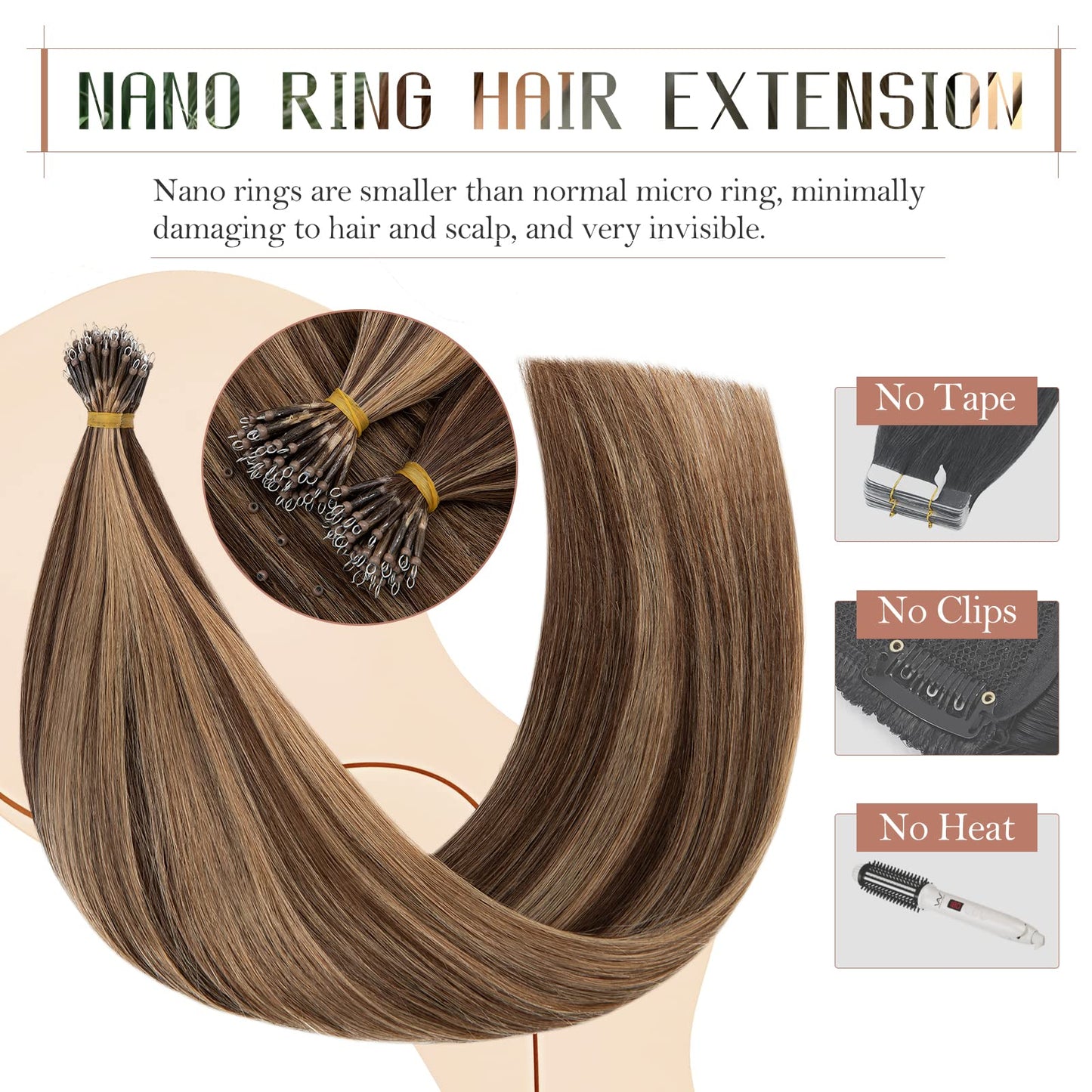 Nano Bead Hair Extensions Human Hair 20 Inch Nano Ring Hair Extension 100% Real Human Hair, Natural Can be Washed Curled Dyed Permed, 50 Strands 50g #4P27 Medium Brown & Dark Blonde