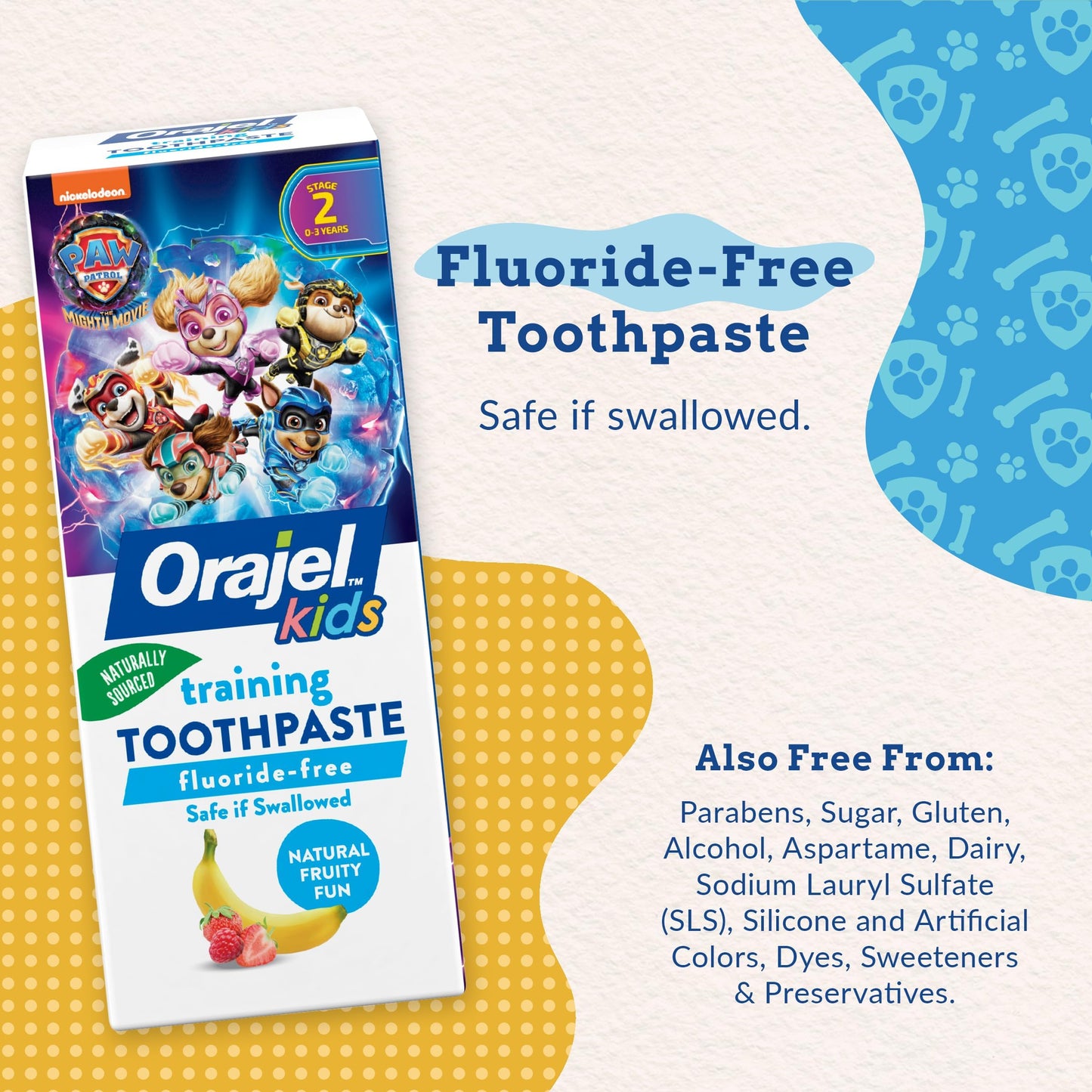 Orajel Kids Paw Patrol Fluoride-Free Training Toothpaste, Natural Fruity Fun Flavor, 1 Pediatrician Recommended, 1.5oz Tube (Pack of 2)