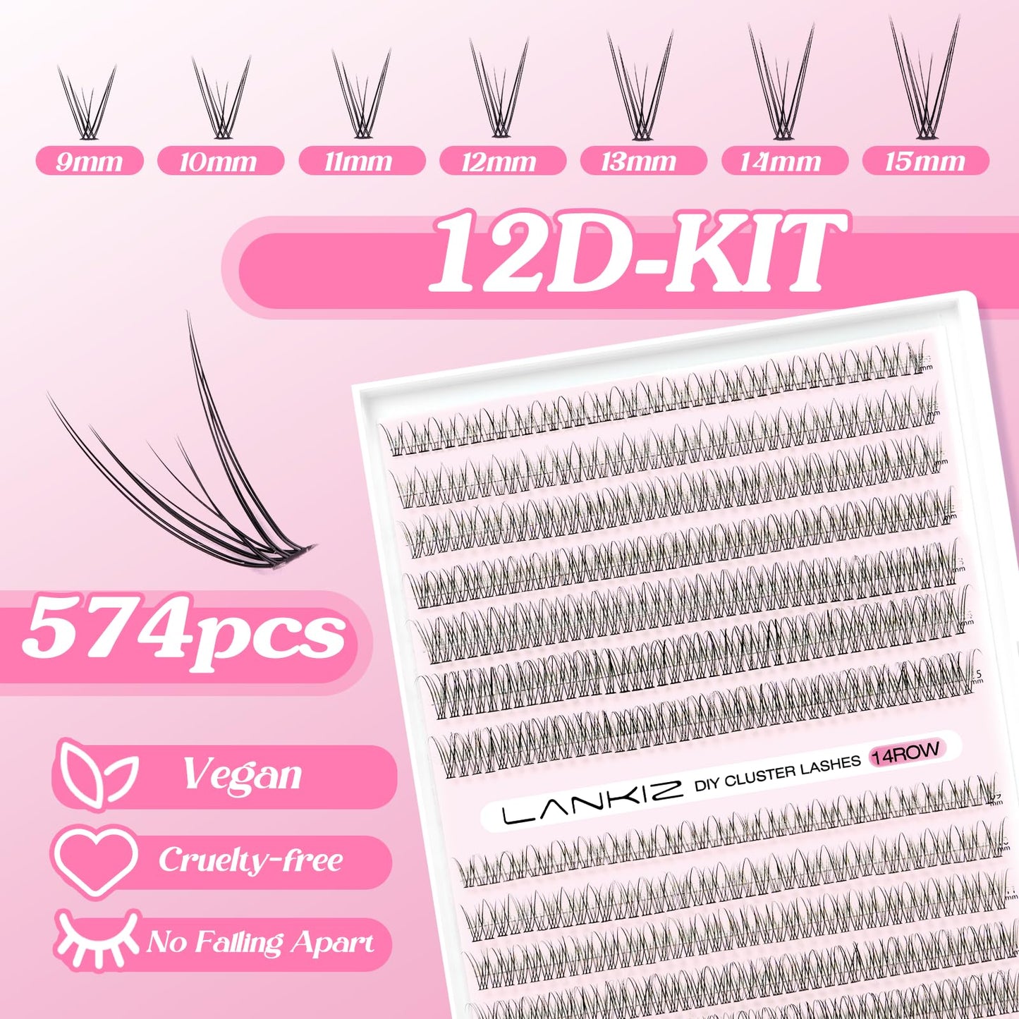 LANKIZ Lash Extension Kit, 574pcs Lash Clusters Kit, 12D Individual Lashes Wispy, Lash Bond & Seal with Lash Remover, 9/10/11/12/13/14/15mm Mix Cluster Lashes, DIY Eyelash Extension Kit at Home