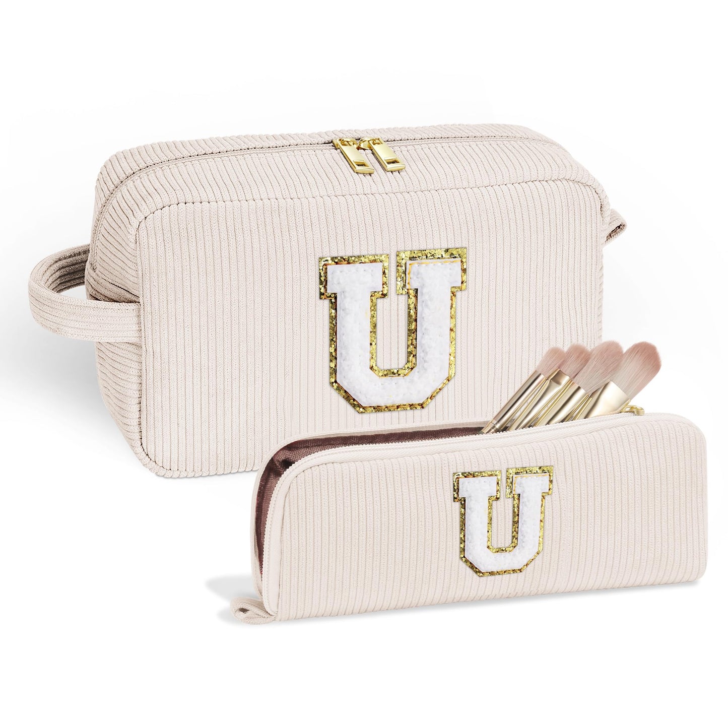 YOOLIFE White Corduroy Cute Makeup Bag - Monogram Travel Makeup Bag Cosmetic Bags for Women Makeup Pouch Corduroy Makeup Bag Small Makeup Brush Bag Bridesmaid Proposal Gifts for Women Her Letter U