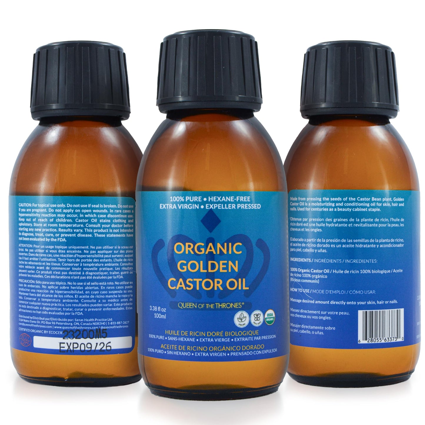 QUEEN OF THE THRONES Organic Golden Castor Oil 3.38 oz (100 ml) | 100% Pure, Certified Organic, Hexane-Free, Extra Virgin | Moisturizing & Conditioning Oil for Skin, Hair & Nails