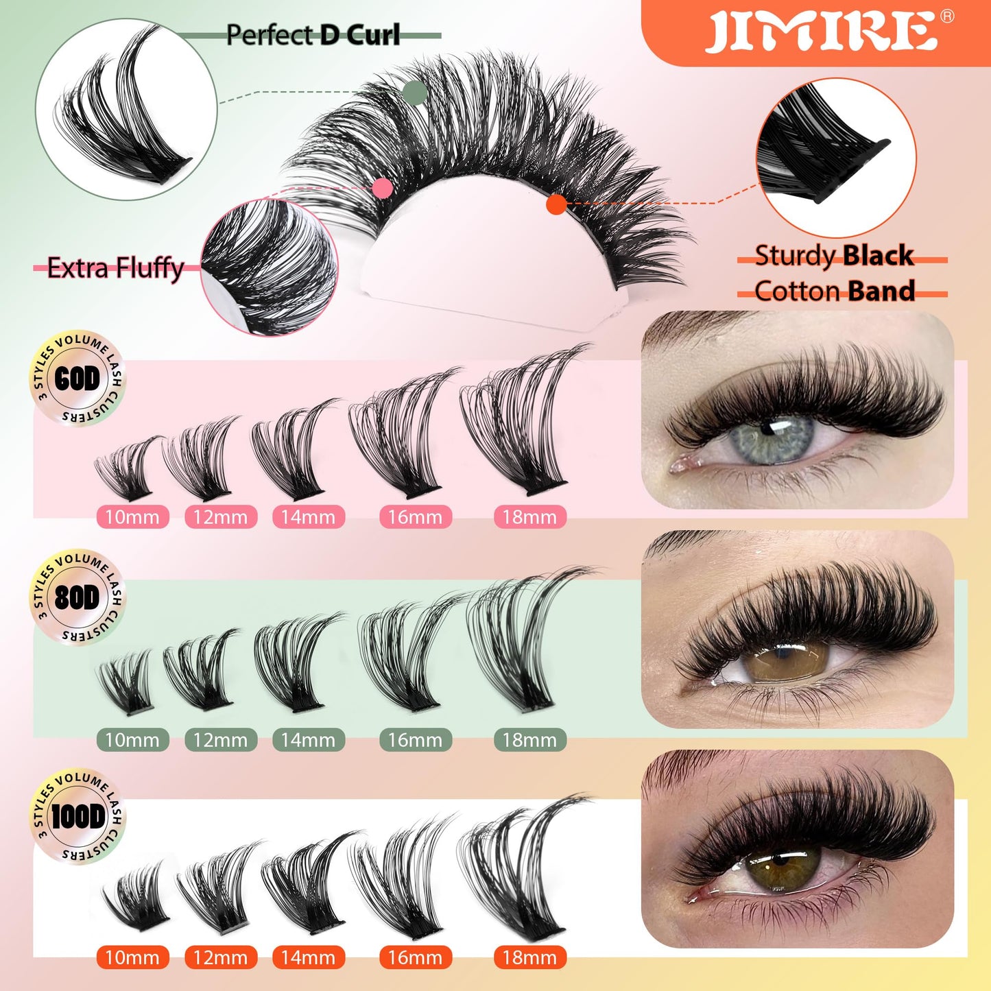 JIMIRE 300Pcs Lash Extension Kit 60D+80D+100D Thick Mink Eyelash Extension Kit with Lash Bond and Seal and Tweezers Fluffy D Curl 10-18MM Lash Clusters Kit DIY Individual Lashes Beginners Friendly