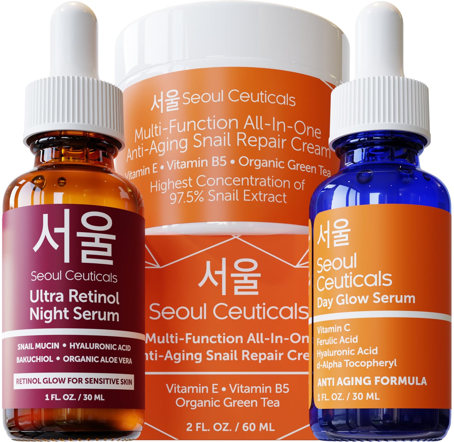 SeoulCeuticals Retinol Serum + Vitamin C Serum + Snail Cream - Korean Anti Aging Skincare Set