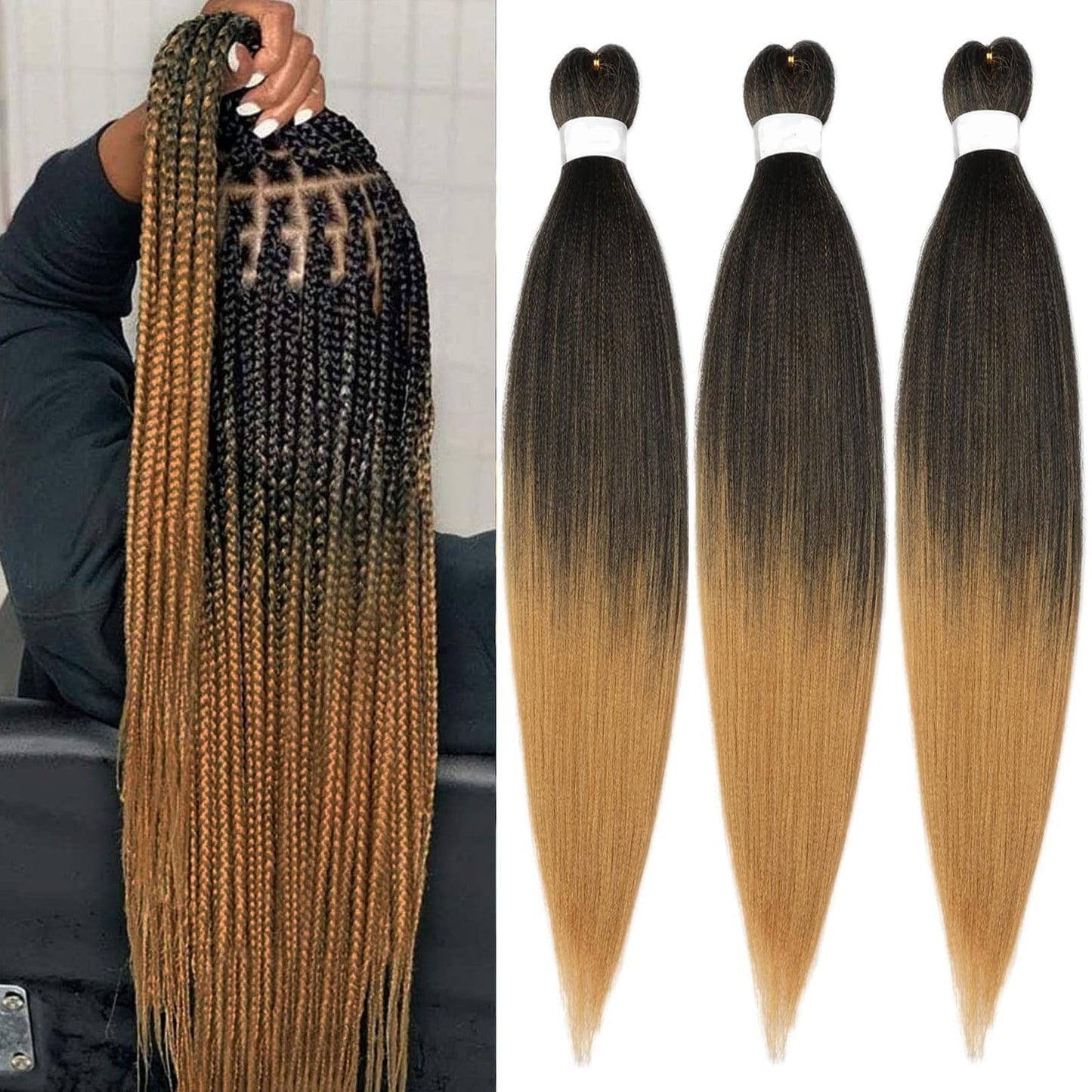 Braiding Hair Pre Stretched for Women Hair Extensions Box Braids Soft Synthetic Knotless Yaki Texture Hot Water Setting Braid Brown Ombre (24inch 3Packs)