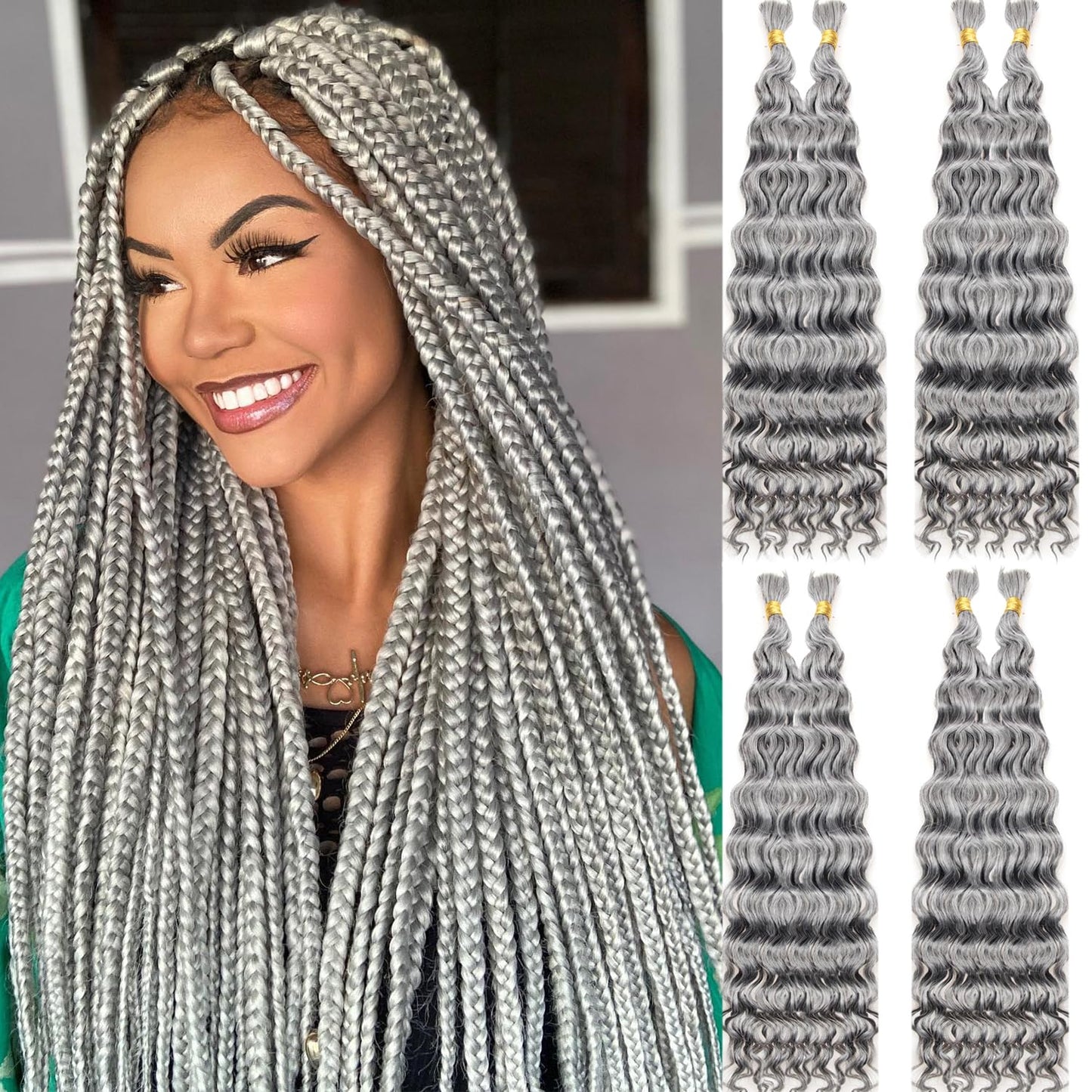 SUYIAPIY Boho Hair for Braiding Deep Water Wave Braiding Hair No Weft Grey Curly Braiding Hair Curly Braiding Hair for Boho Braids Wet and Wavy Braiding Hair (Grey#, 18 inch,8 pack)