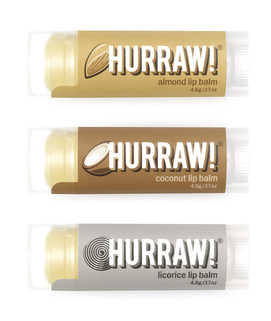 Hurraw! Almond, Coconut, Licorice Lip Balms, 3 Pack Bundle: Organic, Certified Vegan, Cruelty and Gluten Free. Non-GMO, 100% Natural. Bee, Shea, Soy & Palm Free. Made in USA