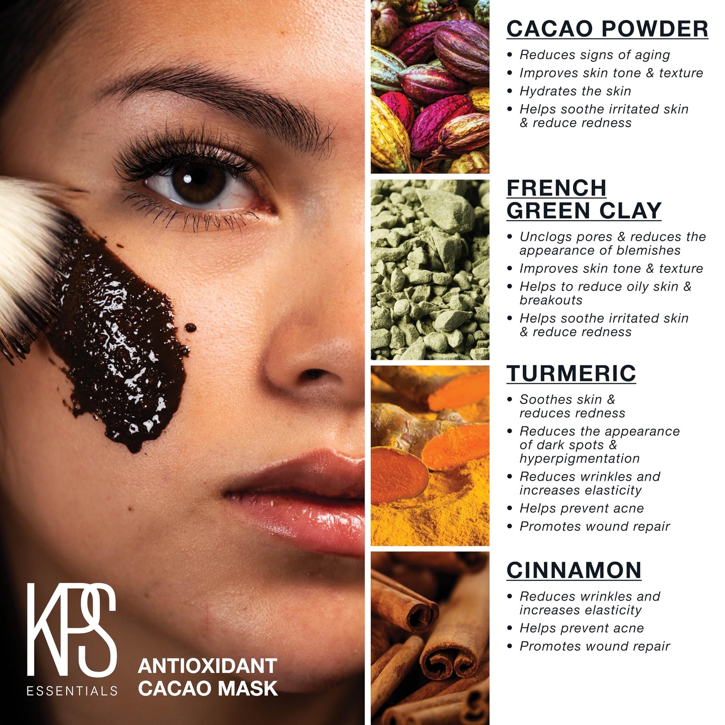 KPS Essentials Antioxidant Cacao Mask - Luxurious Face & Body Mask for All Skin Types - Age-Defying, Wrinkle-Smoothing, Exfoliating & Nourishing with Cacao, French Green Clay, Turmeric - 2.3 oz