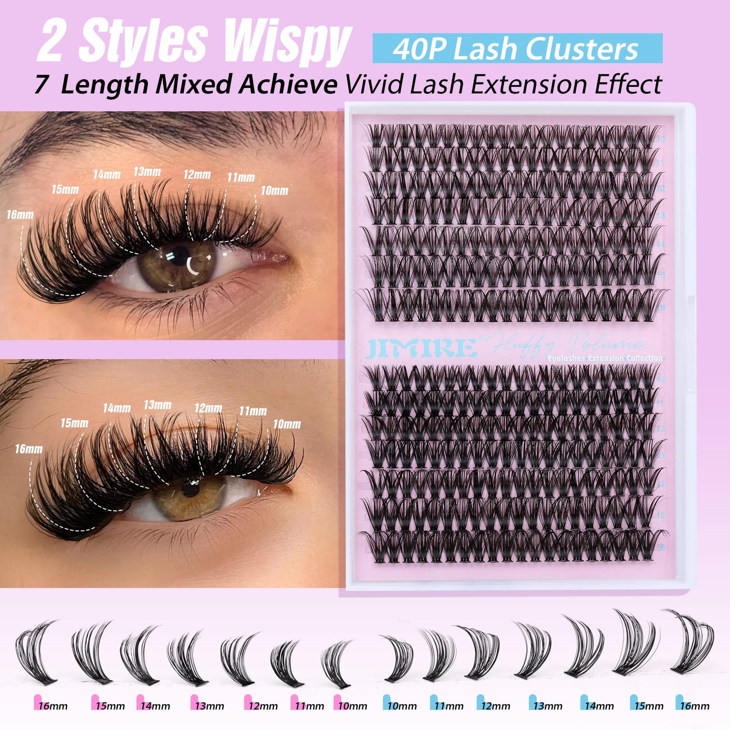 Fluffy Lash Clusters D Curl 40D+50D Volume Individual Eyelashes Thick Mink 280Pcs Lash Extension Clusters Wispy 10-16MM Mix Cluster DIY Eyelash Extension for Beginners Natural Cluster Lashes by JIMIRE